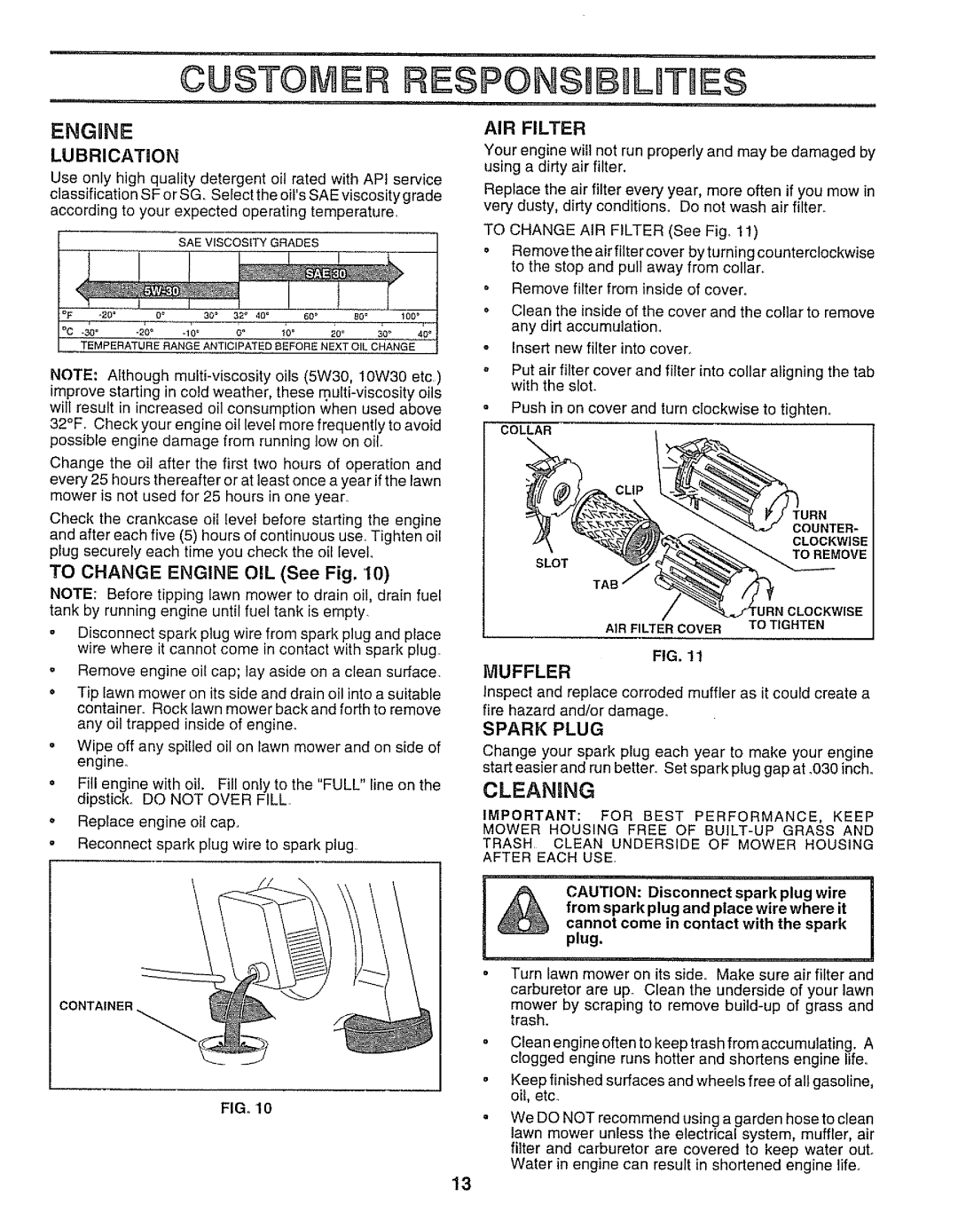 Sears 917.38713 owner manual Cleaning, Muffler, Spark Plug 