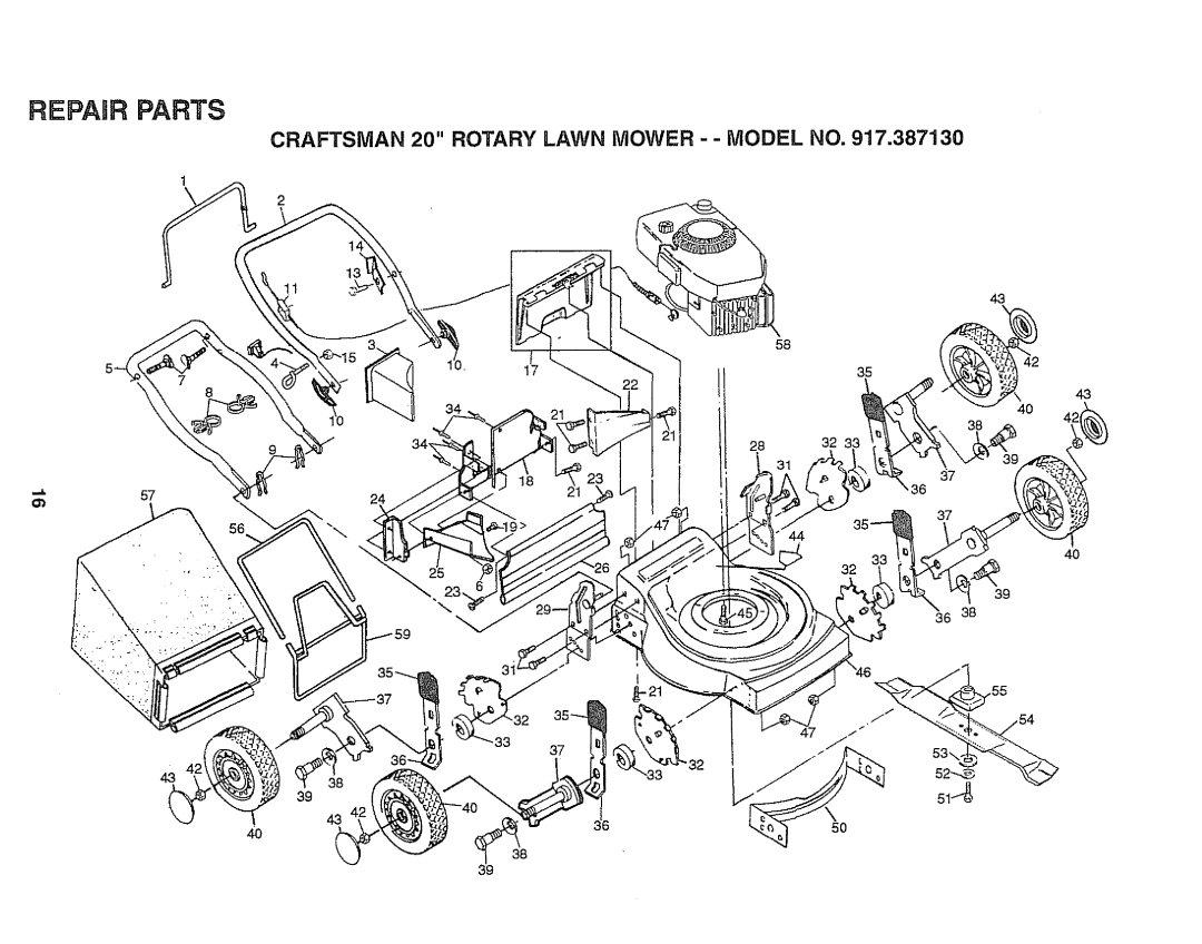 Sears 917.38713 owner manual Repaurparts, Craftsman 20 Rotary Lawn Mower - Model no 