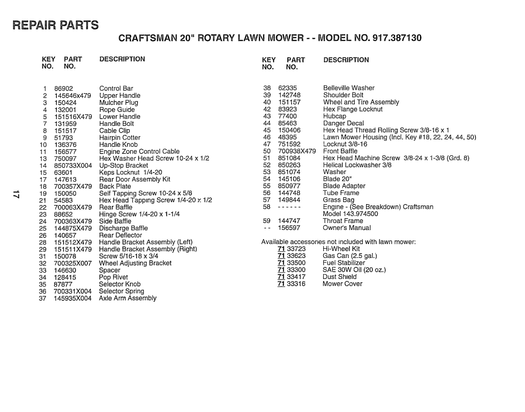 Sears 917.38713 owner manual Craftsman 20 Rotary Lawn Mower - Model no, KEY Part Description 