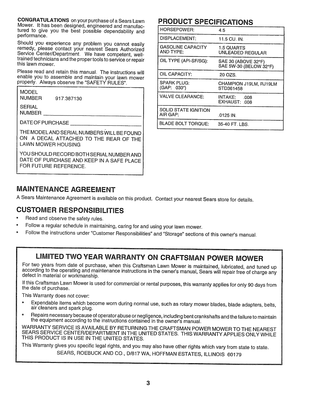 Sears 917.38713 owner manual Maintenance Agreement, Customer Responsibiuties 