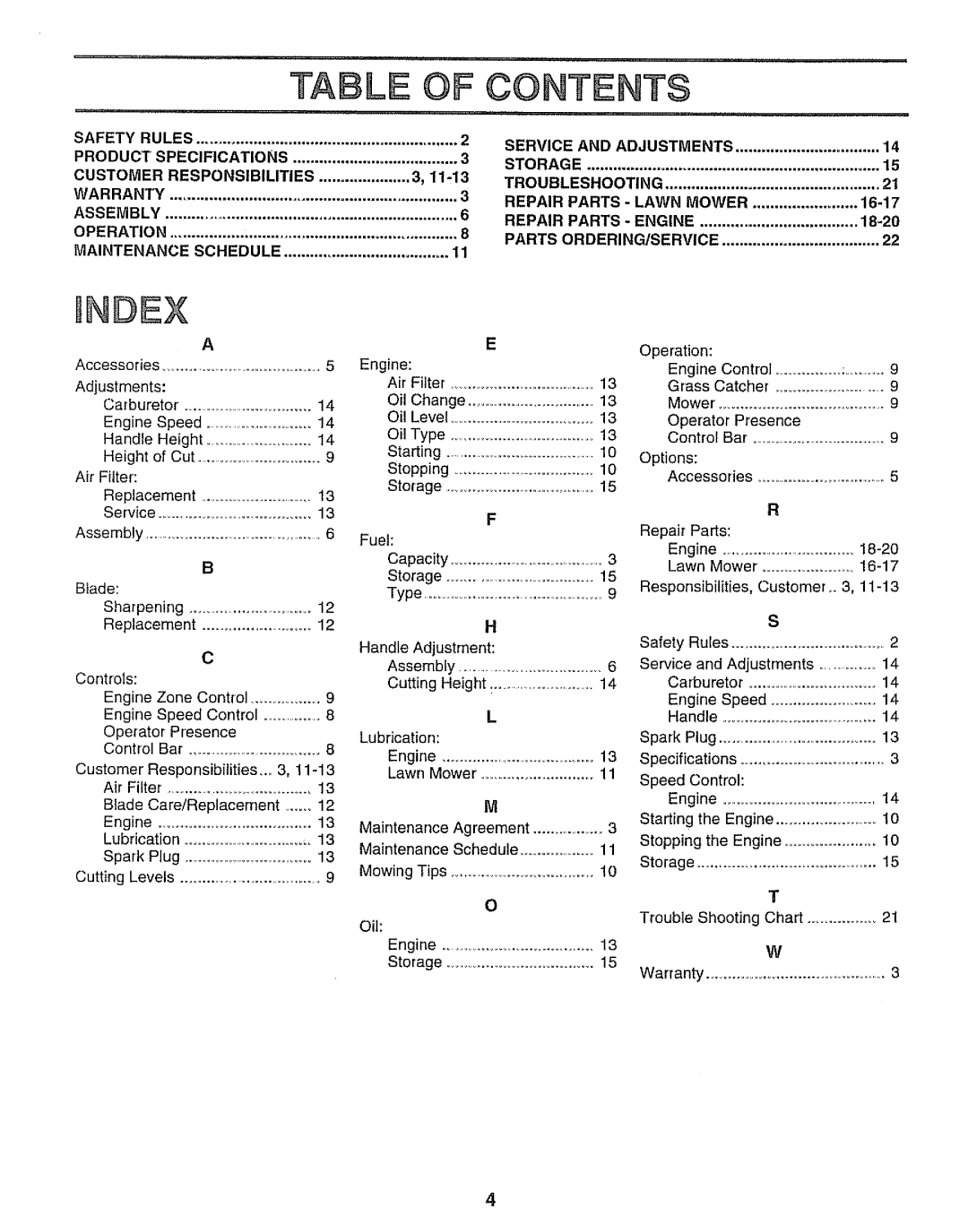 Sears 917.38713 owner manual Index 