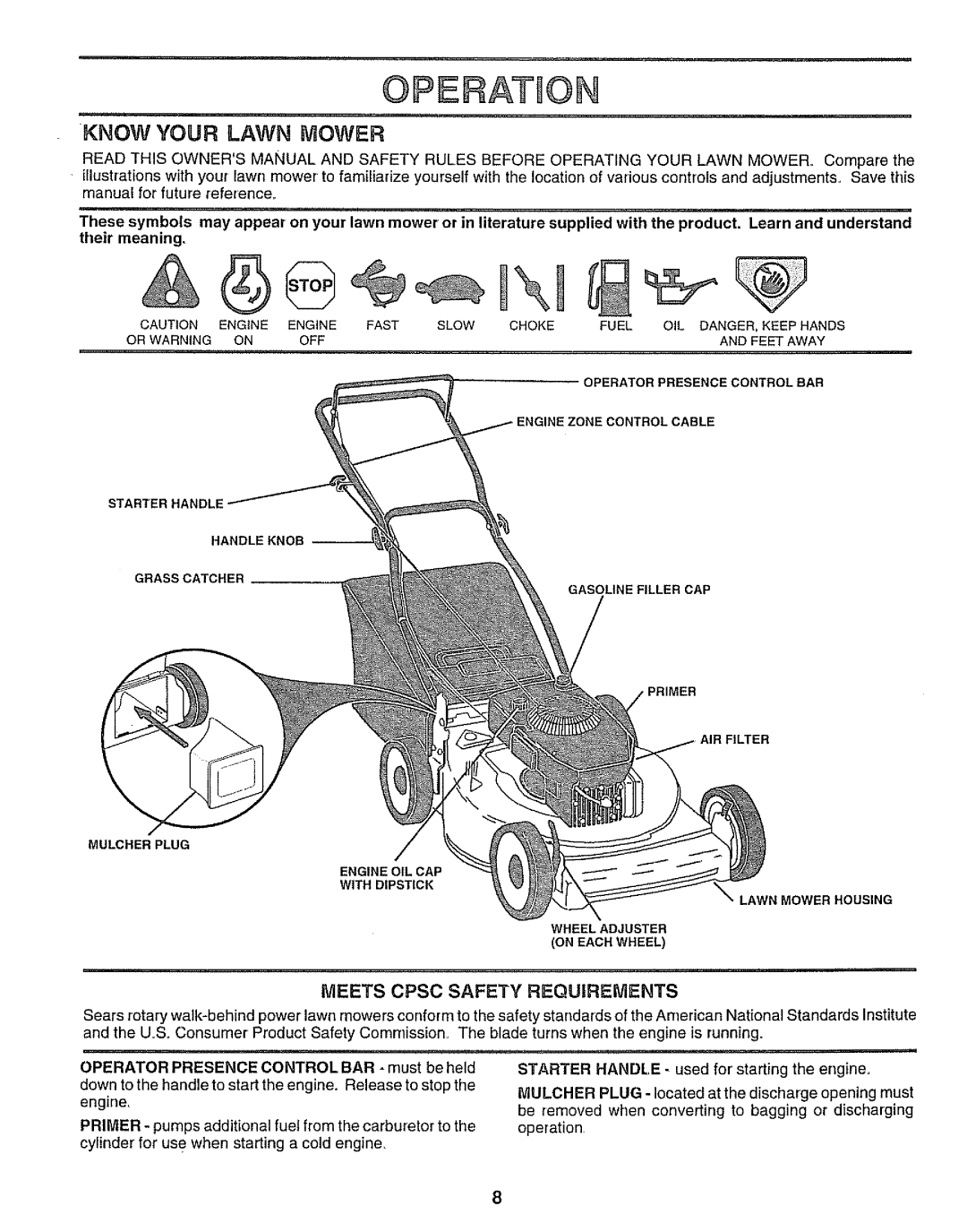 Sears 917.38713 owner manual Know Your Lawn Mower, Meets Cpsc Safety Requirements 