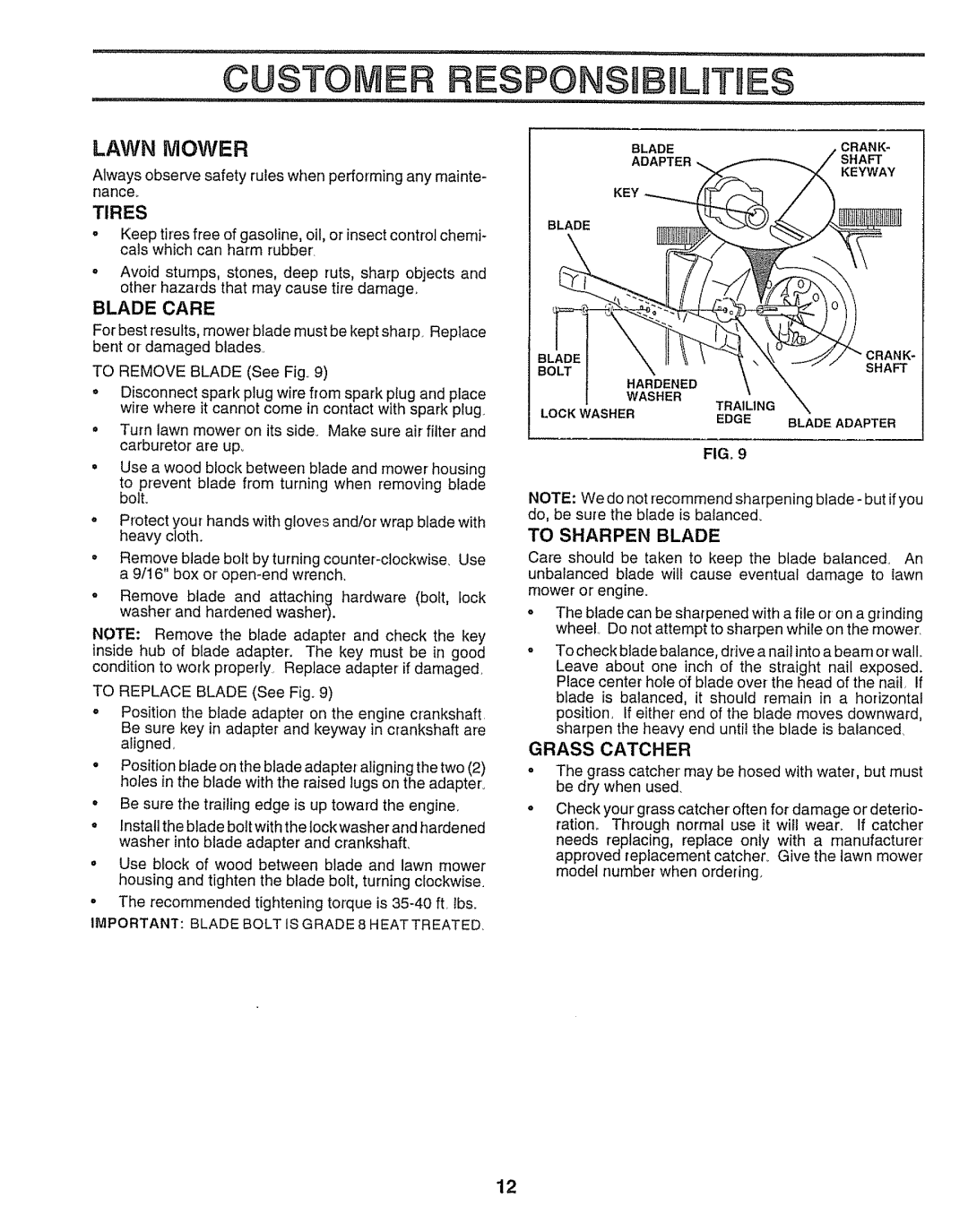 Sears 917.38783, 143.974506 owner manual Tires, Blade Care, To Sharpen Blade, Grass Catcher, Shaft 