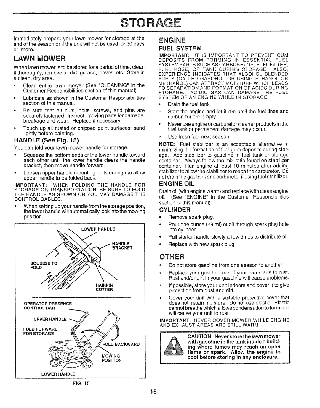 Sears 143.974506, 917.38783 owner manual Storage, Lawn Mower, Handle See Fig, Fuel System 