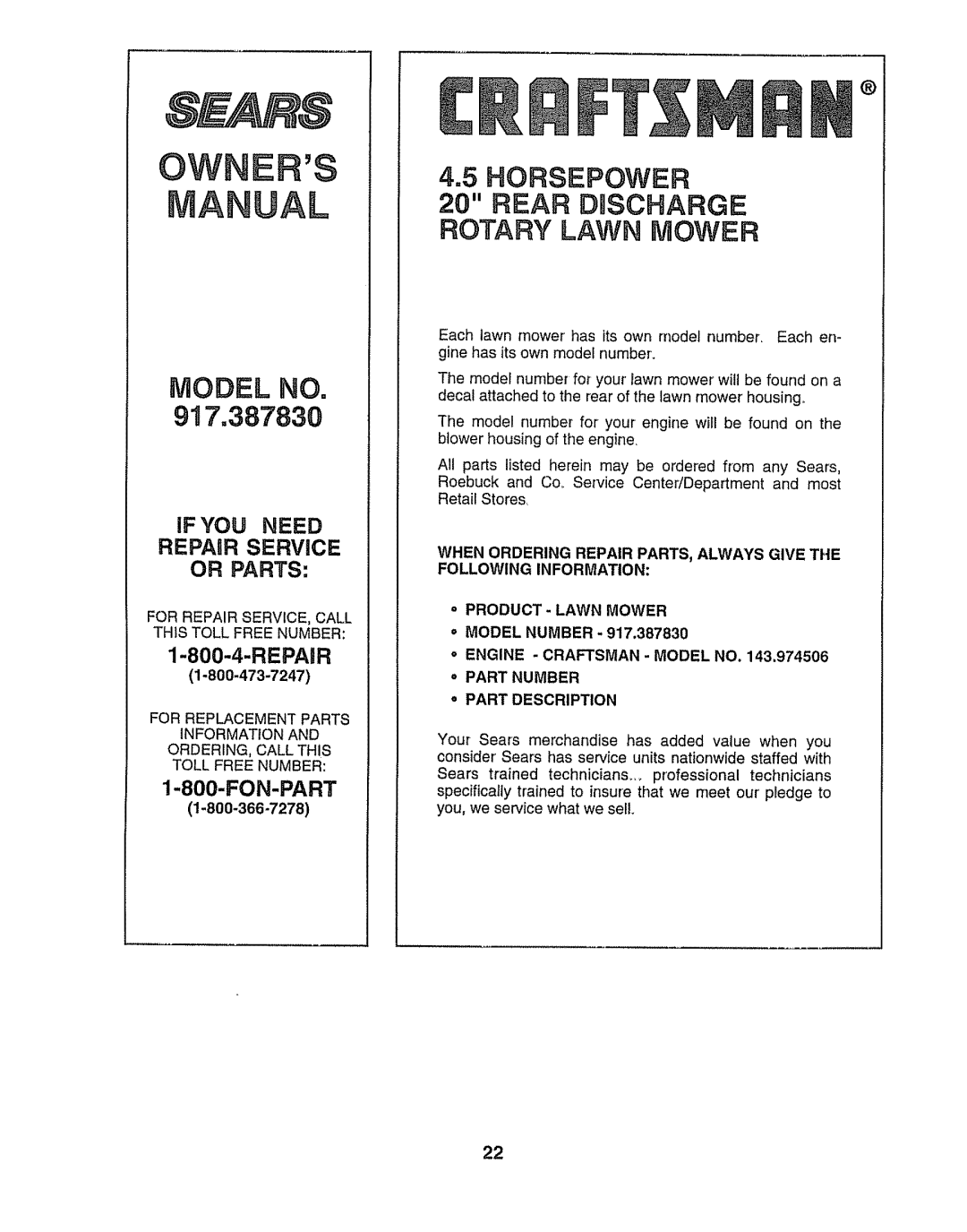 Sears 917.38783, 143.974506 owner manual Owne S UAL, For Repair SERVICE, Call this Toll Free Number 