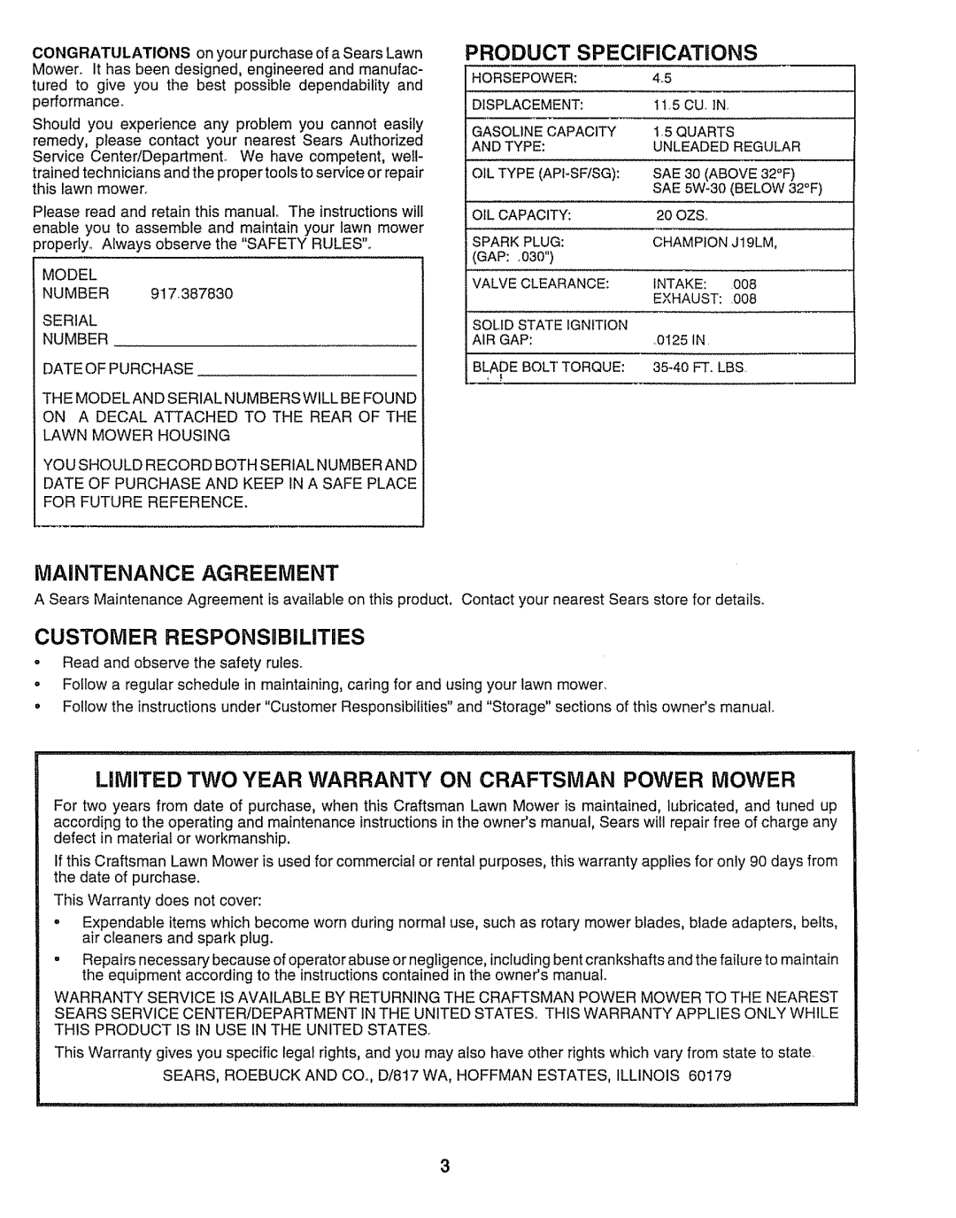 Sears 143.974506, 917.38783 owner manual Product Specifications, Maintenance Agreement, Customer Responsibilities 