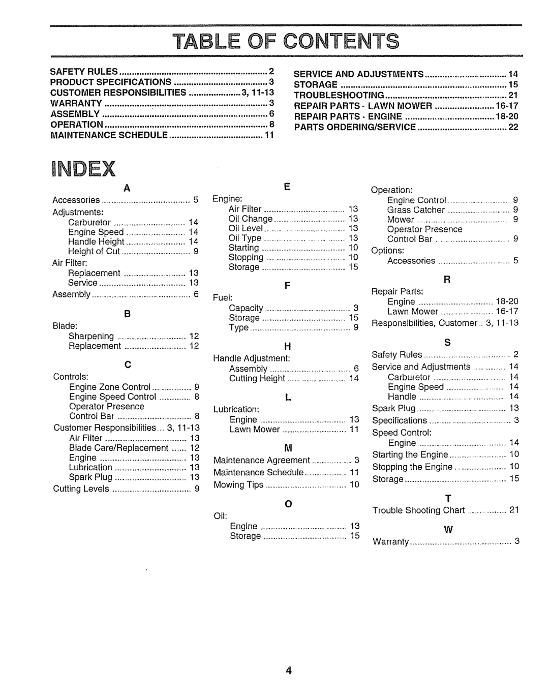 Sears 917.38783, 143.974506 owner manual TA LE of Contents 