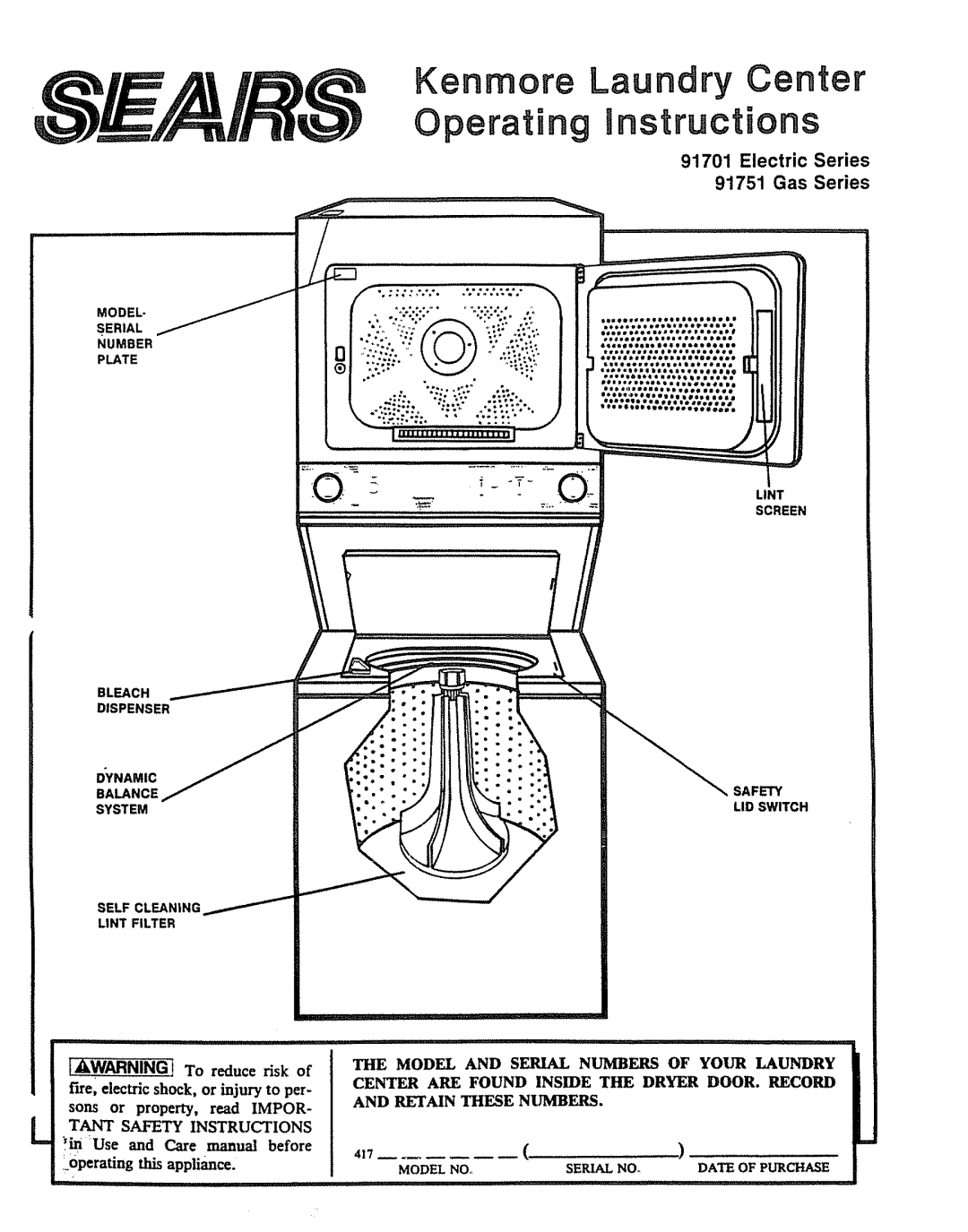 Sears 91701, 91751 operating instructions Electric Series Gas Series, KWARNINGj To reduce risk 