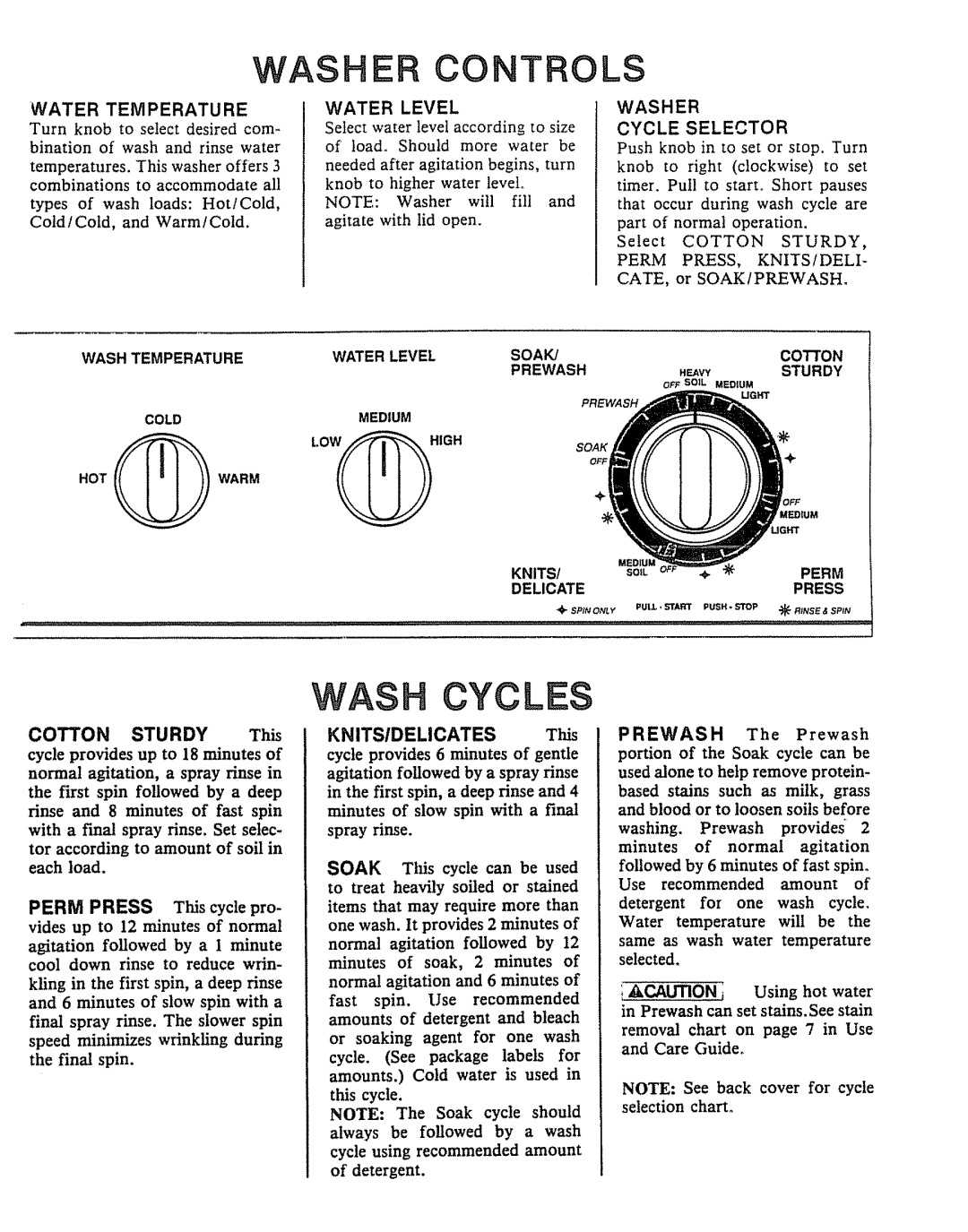 Sears 91701, 91751 Washe CO Trols, Water Temperature, Wash Temperature Water Level Soak Cotton Prewash, Sturdy, Perm Press 