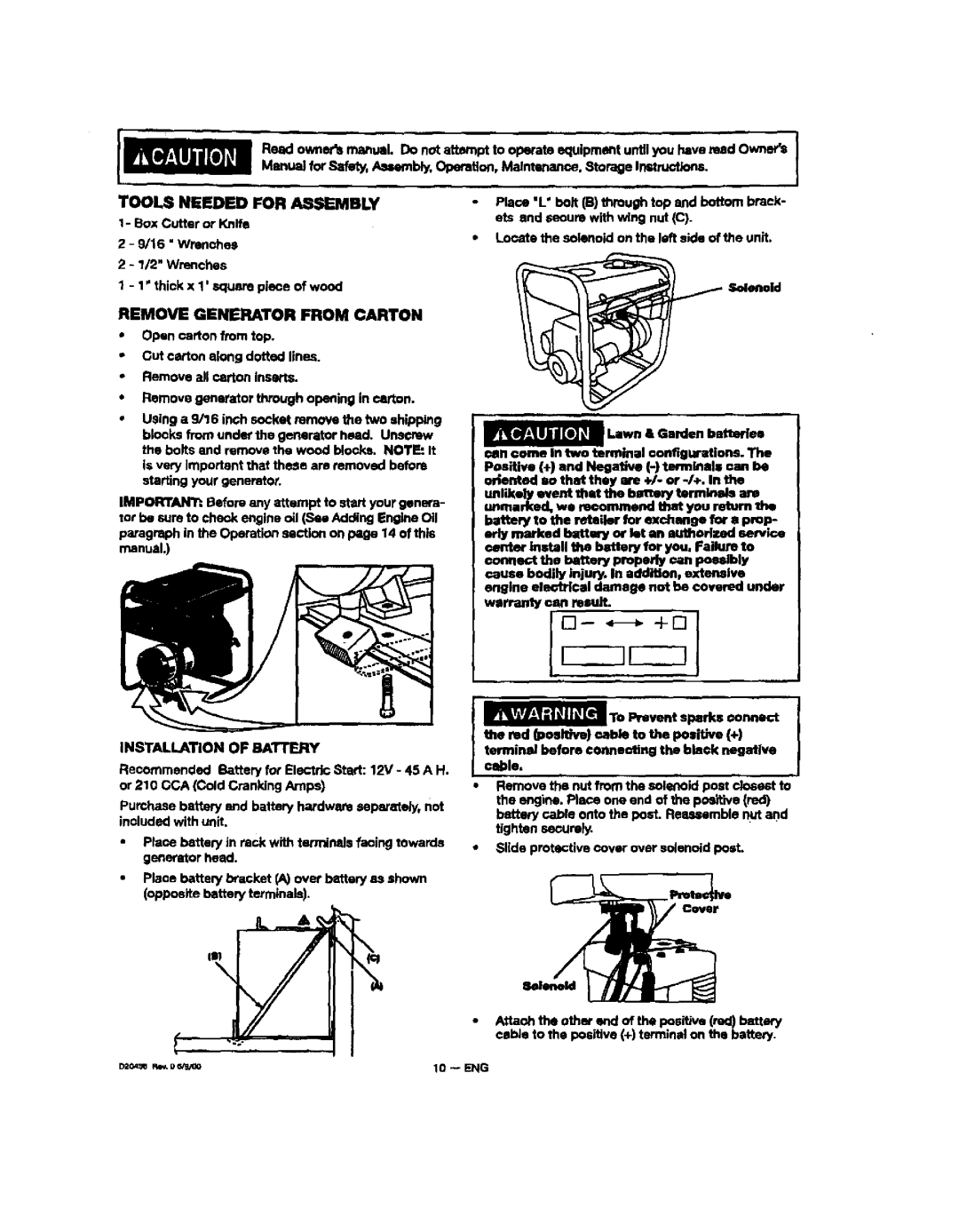 Sears 150, 919, 329 owner manual Tools Needed for Assembly, Remove Generator from Carton, Wrenches, Installation of Battfjiy 