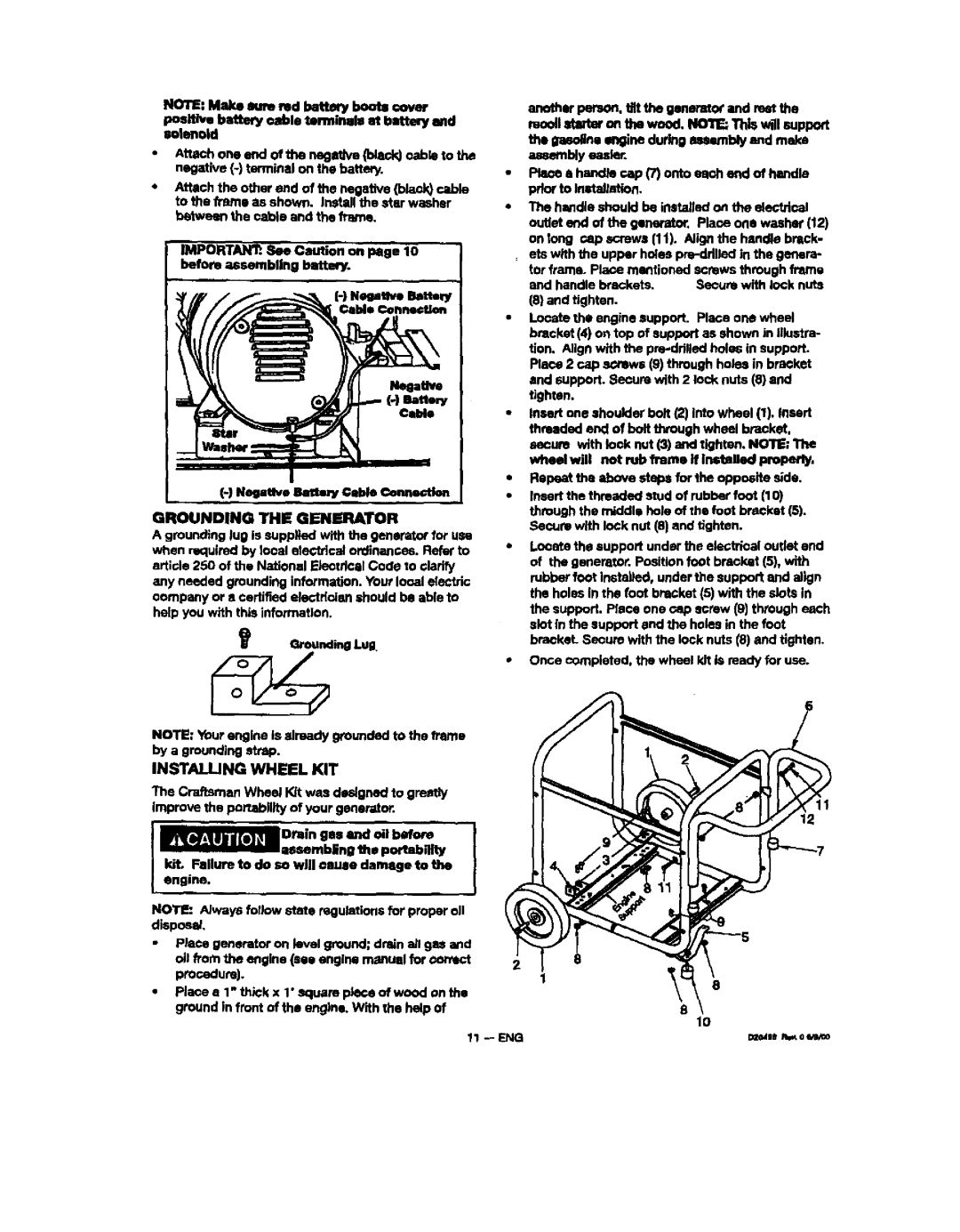 Sears 329 Installing Wheel KIT, Pressure, Positive battery oable tonninals at battery mid emkmoid, Grounding the Generator 