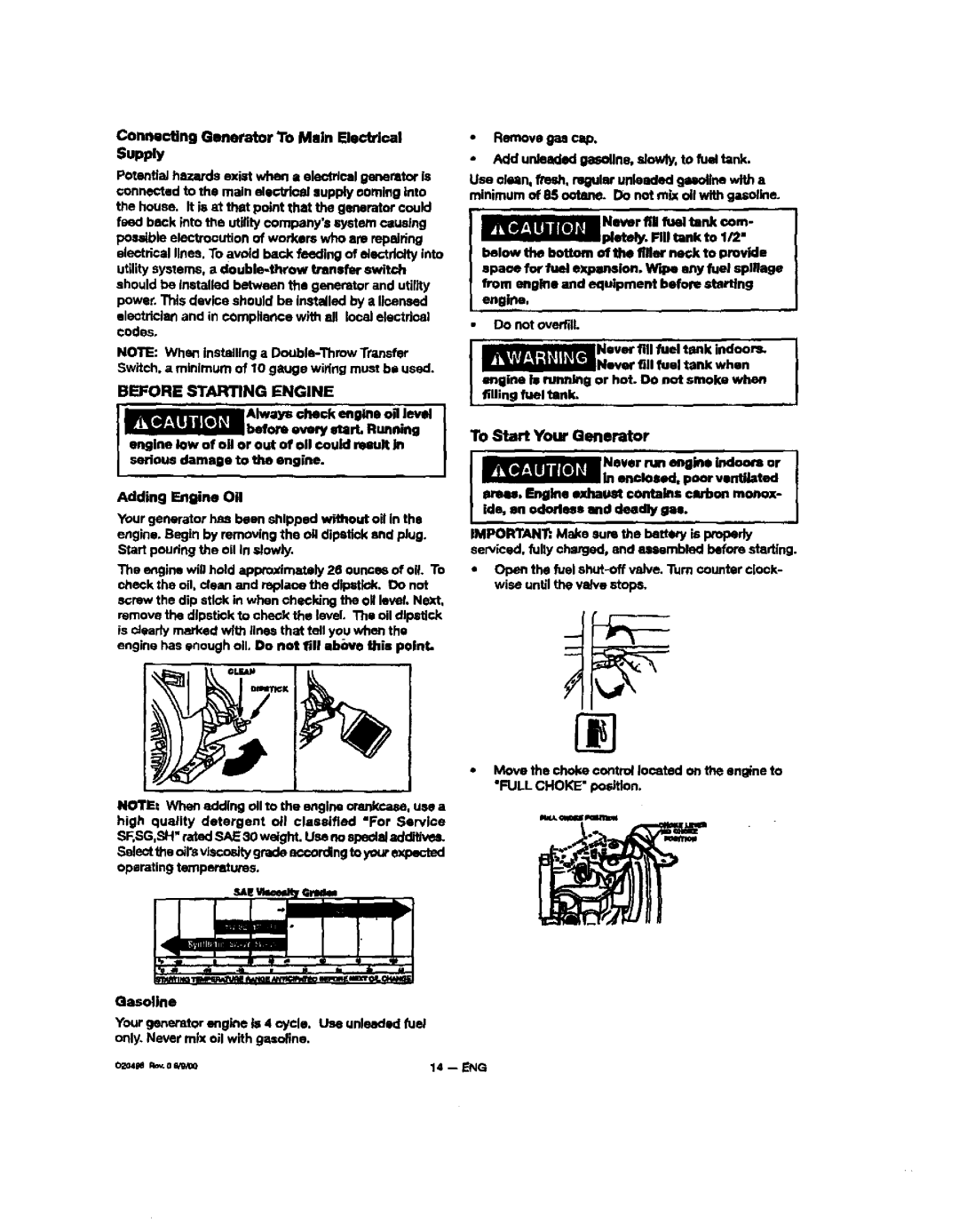 Sears 329, 919, 150 Before Starting Engine, Alwayscheck engine o, level, Adding EngineOn, To Start Your Generator, Supply 