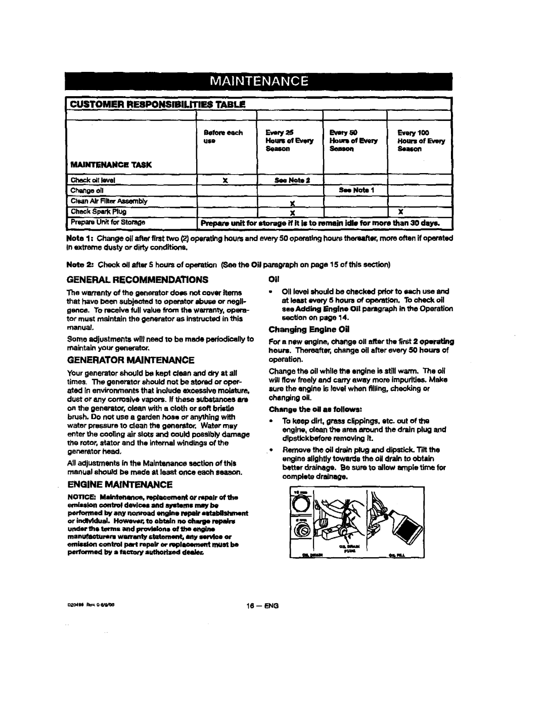 Sears 150, 919, 329 owner manual General Recommendations, Generator Maintenance, Engine Maintenance, Mntenantk 