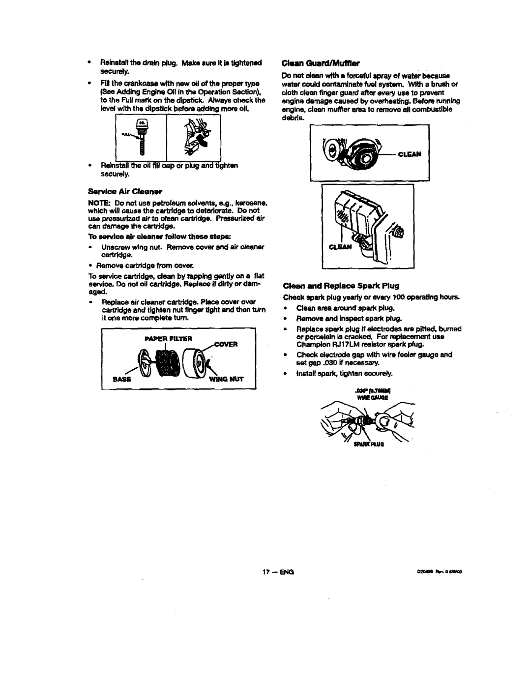 Sears 329, 919, 150 owner manual Service Air Cleaner, Level with the dipstick before adding. more oil Securely, Hut, WlM 