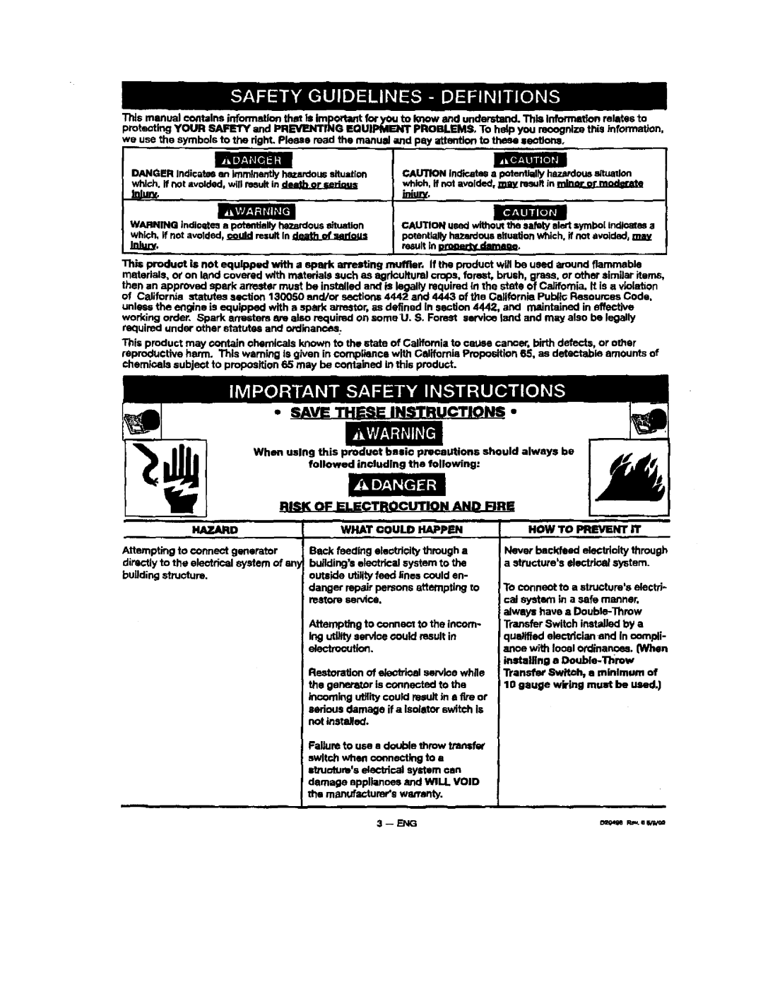 Sears 919, 150, 329 owner manual Bulldingselectrical system to, Should always be Never baskfeed electricity through 