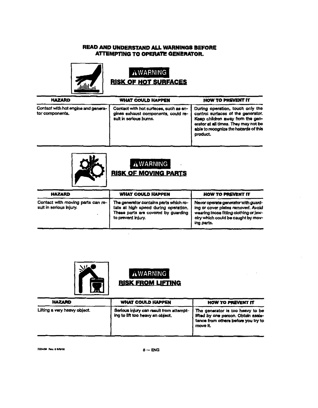 Sears 329, 919, 150 owner manual Hazard, HOW to Prevent rr, Lifting8 veryheavyobject 