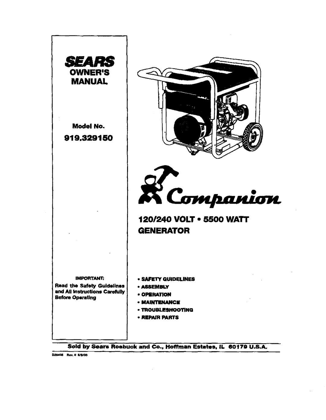 Sears owner manual Sears, 120/240 VOLT 5500 WATT GENERATOR, 919,329150, m4PORTANT, Safety Guidelines, Assembly 