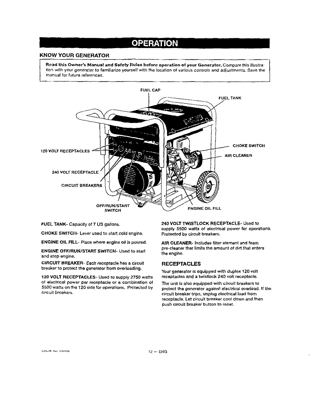 Sears 919, 150, 329 owner manual Know Your Generator, Receptacles, Your generator is equipped with duplex 120 volt 