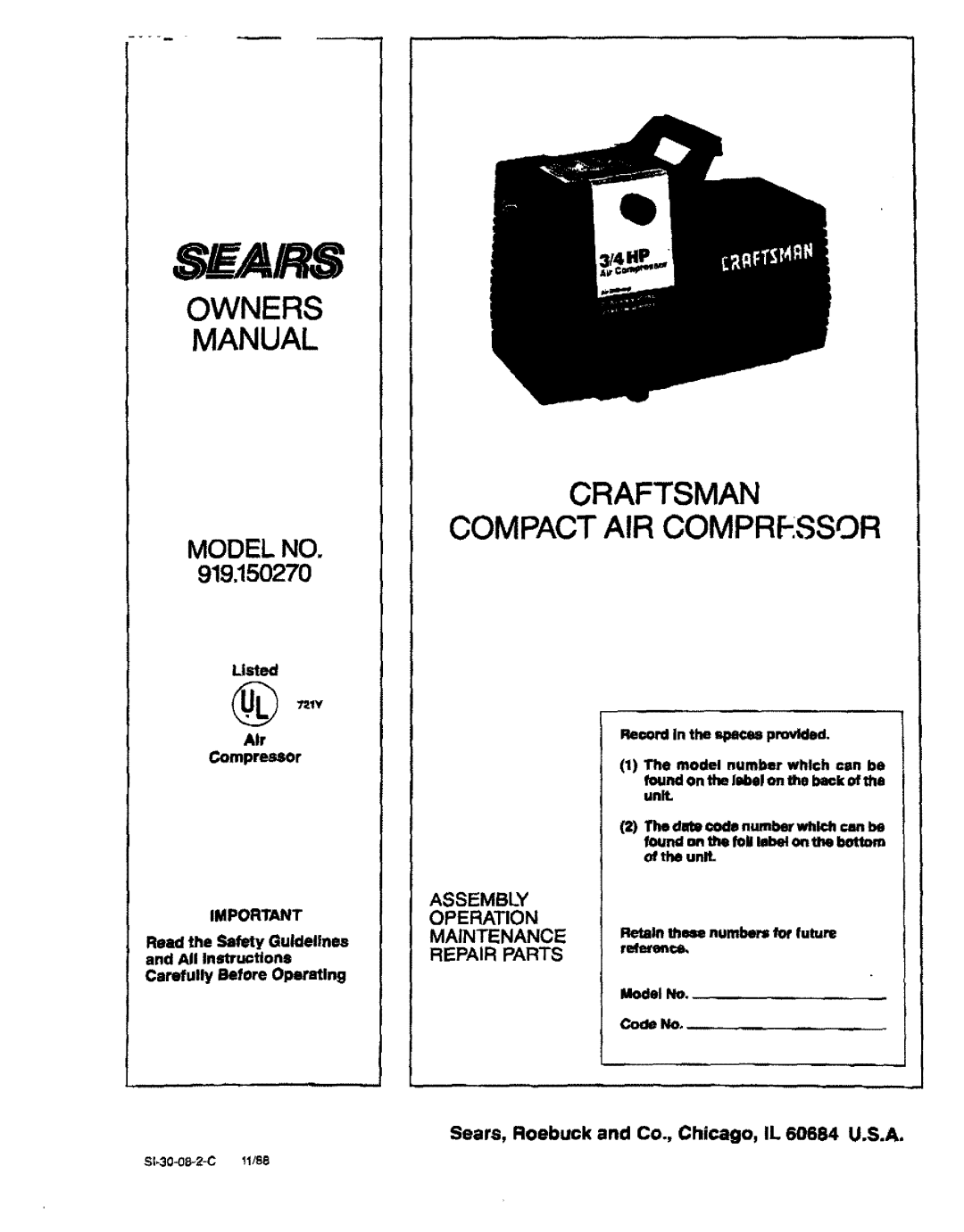 Sears 150270, 919 owner manual Compressor, Carefully Before Operstlng 