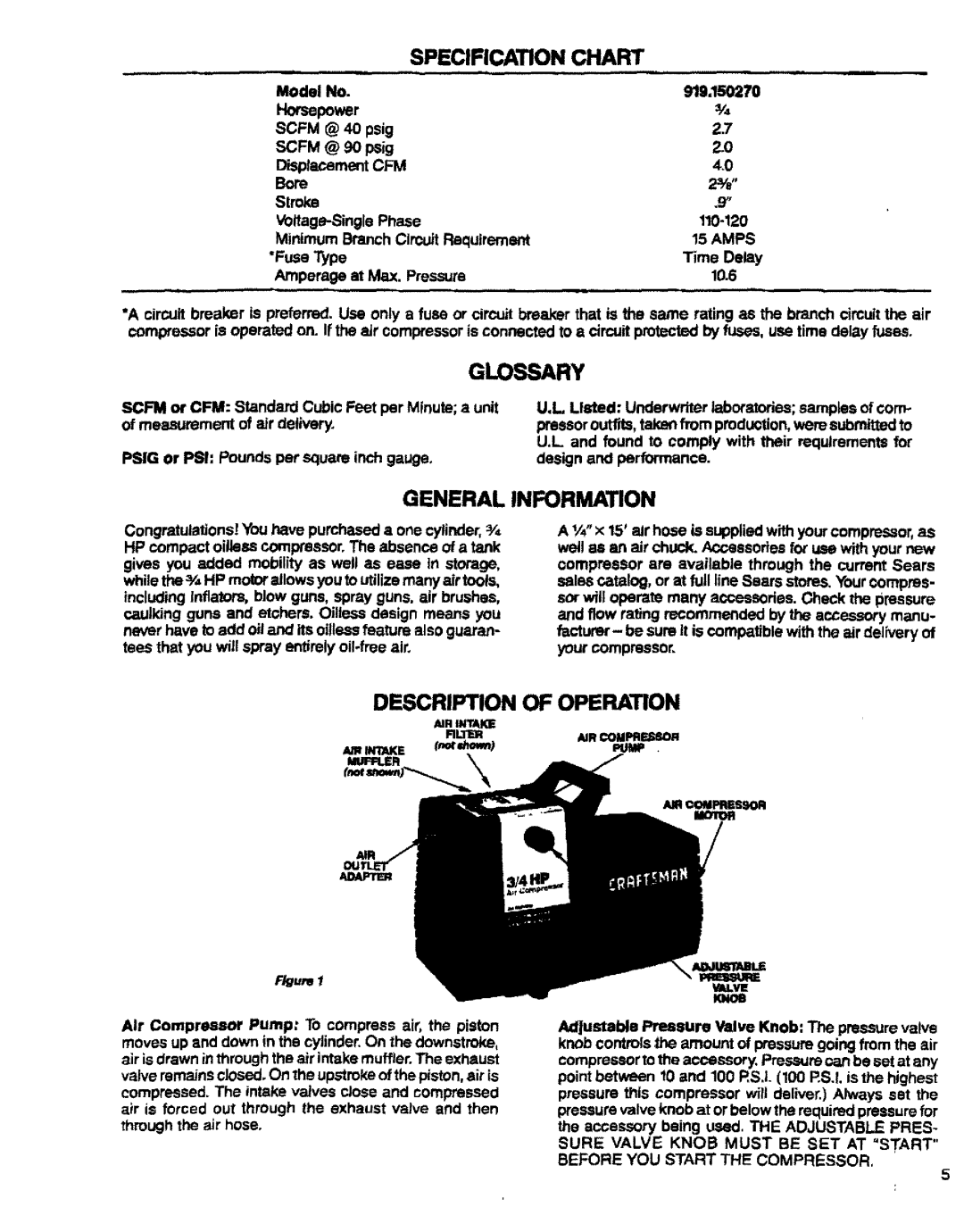 Sears 150270, 919 owner manual Specification Chart, Glossary, General Information, Description of Operation 