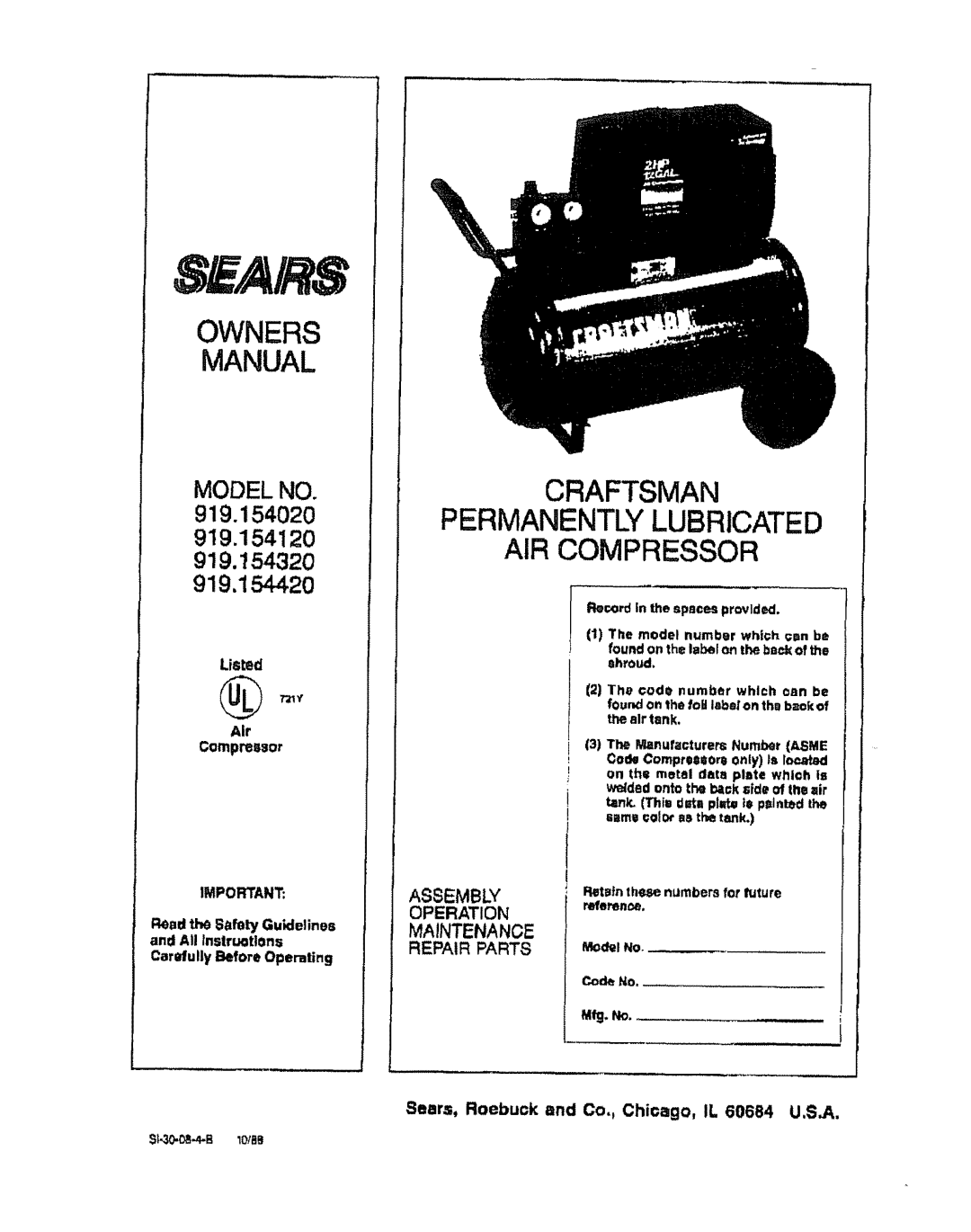 Sears 919.15432, 919.15442, 919.15402, 919.15412 owner manual Sears, Roebuck and Co,, Chicago, IL 60684 U,S,A 