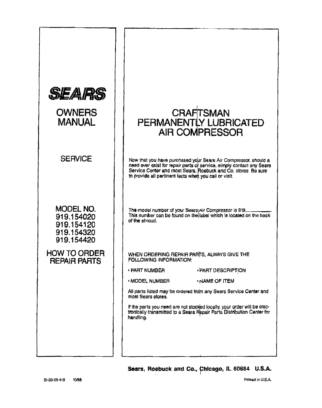 Sears 919.15442, 919.15432, 919.15402, 919.15412 owner manual When Ordering Repair Pars Always Give, Model Number 