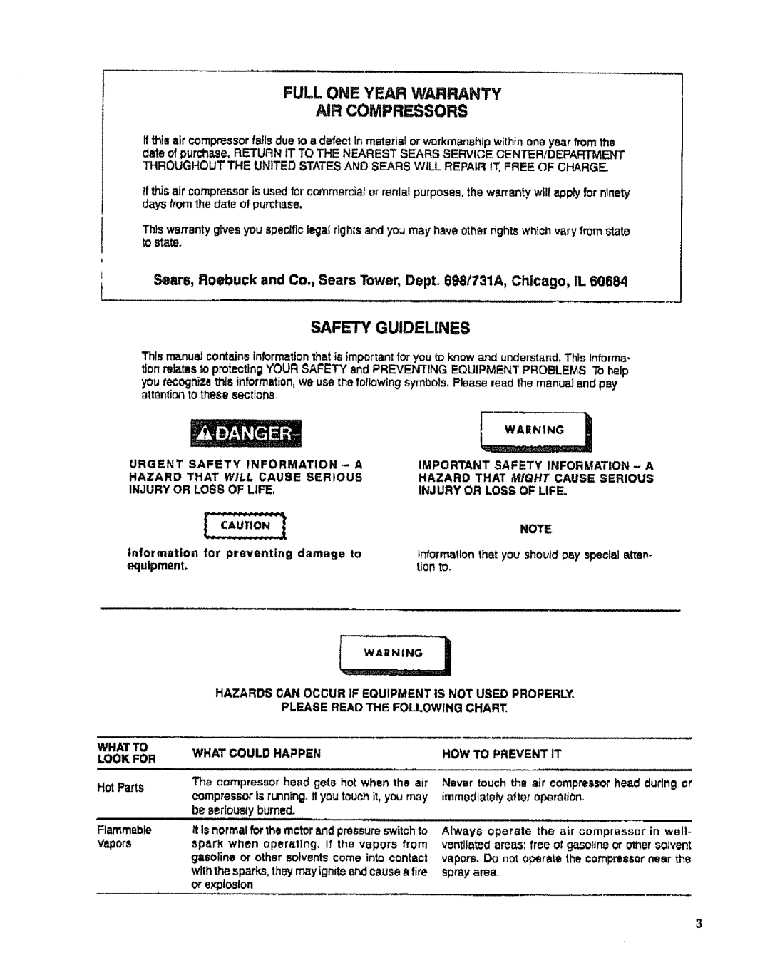 Sears 919.15412, 919.15442, 919.15432, 919.15402 owner manual Full ONE Year Warranty AIR Compressors, Safety Guidelines 