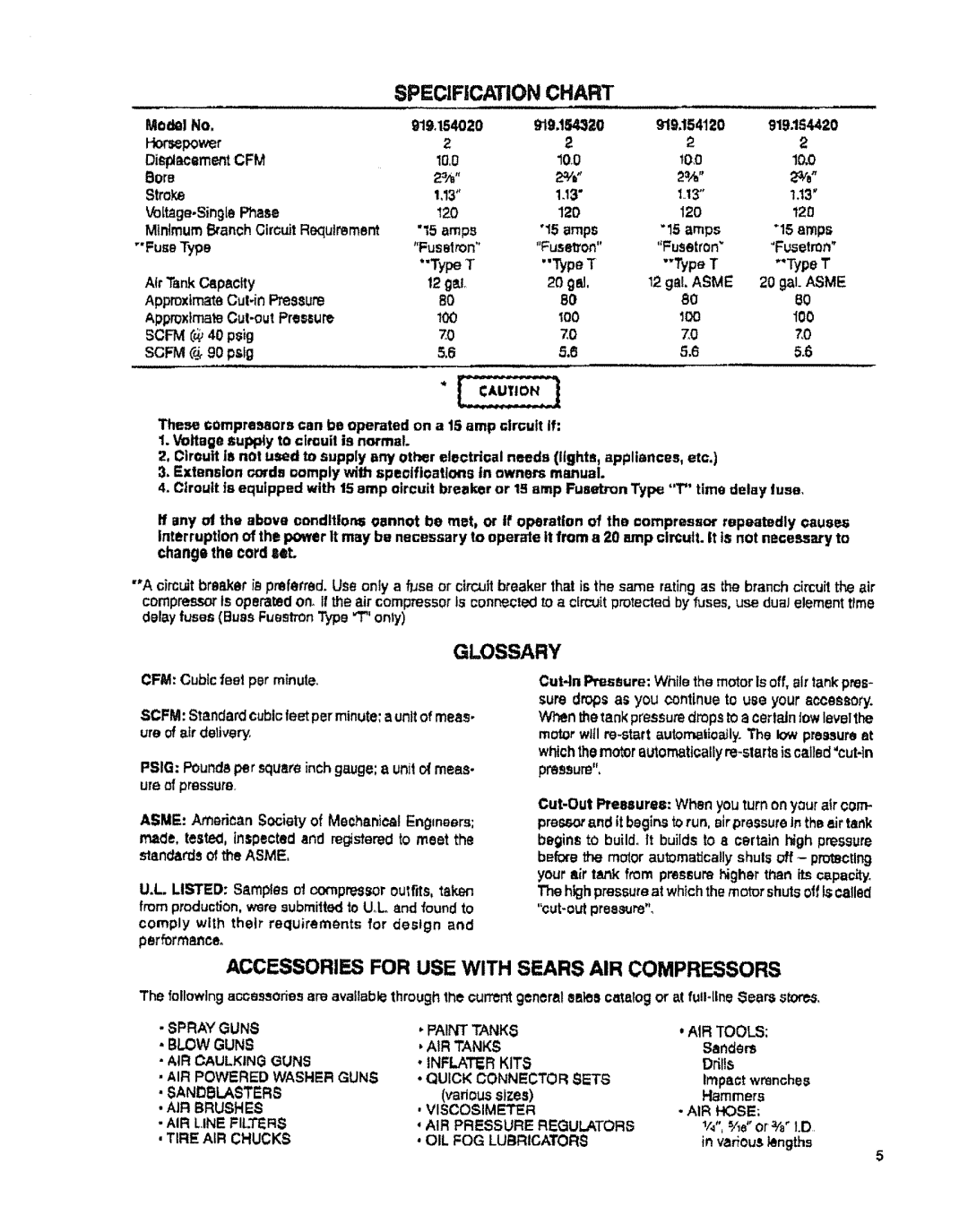 Sears 919.15432, 919.15442, 919.15402 Specification Chart, Glossary, Accessories for USE with Sears AIR Compressors 