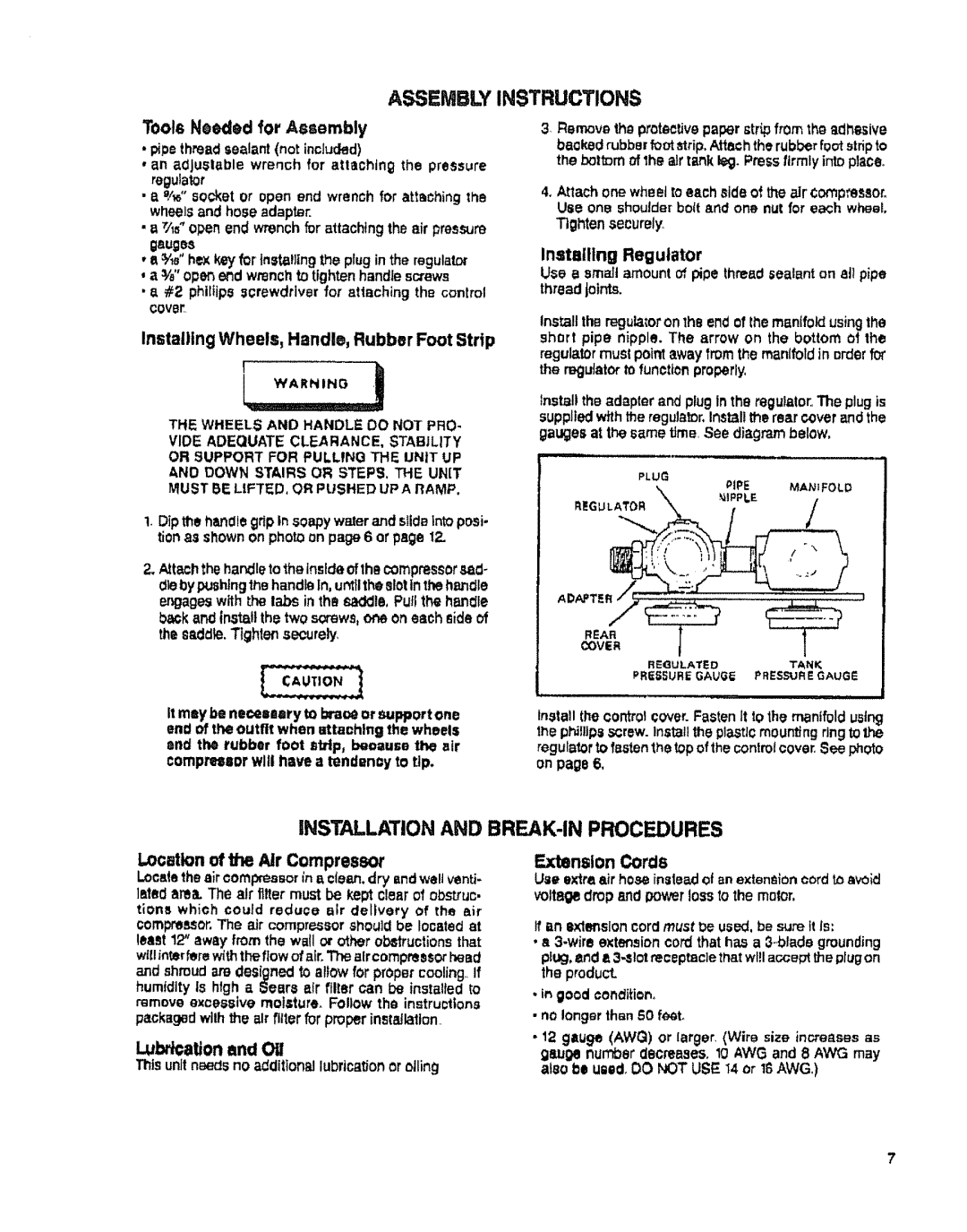 Sears 919.15412, 919.15442 Assembly Instructions, Installation and BREAK-IN Procedures, Tools Needed for Assembly 