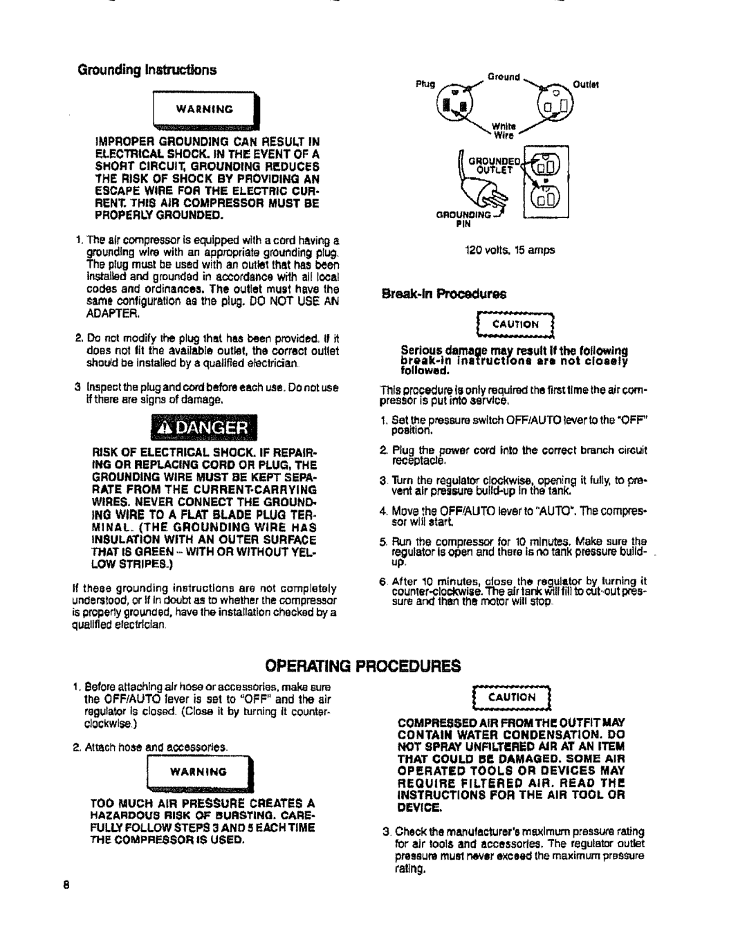 Sears 919.15442, 919.15432, 919.15402, 919.15412 Operating Procedures, Grounding Instr,JcUons, Break-In PrOcums, Adapter 