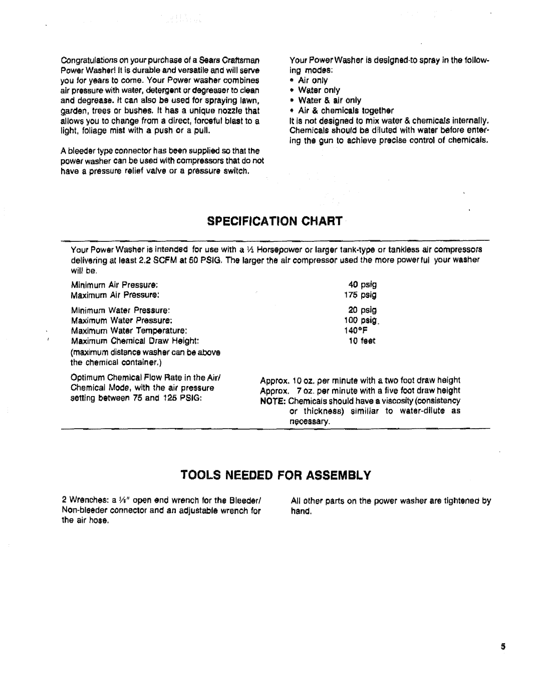 Sears 919.16225 owner manual Specification Chart, Tools Needed For Assembly 