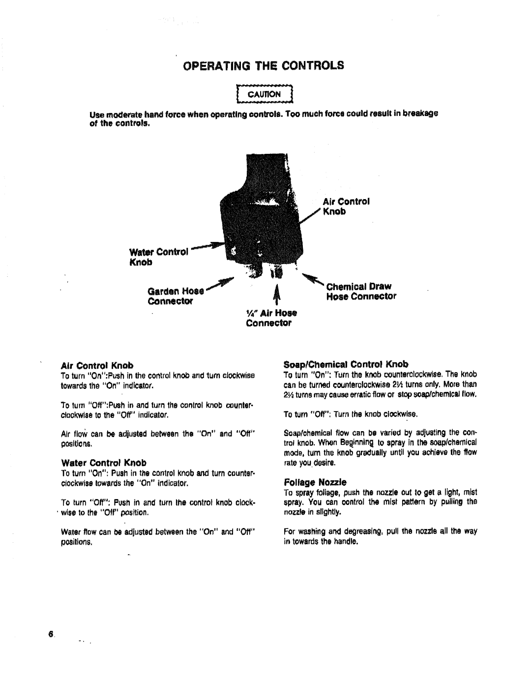 Sears 919.16225 owner manual Operating the Controls, Air Control Knob Water Control Chemical Draw 