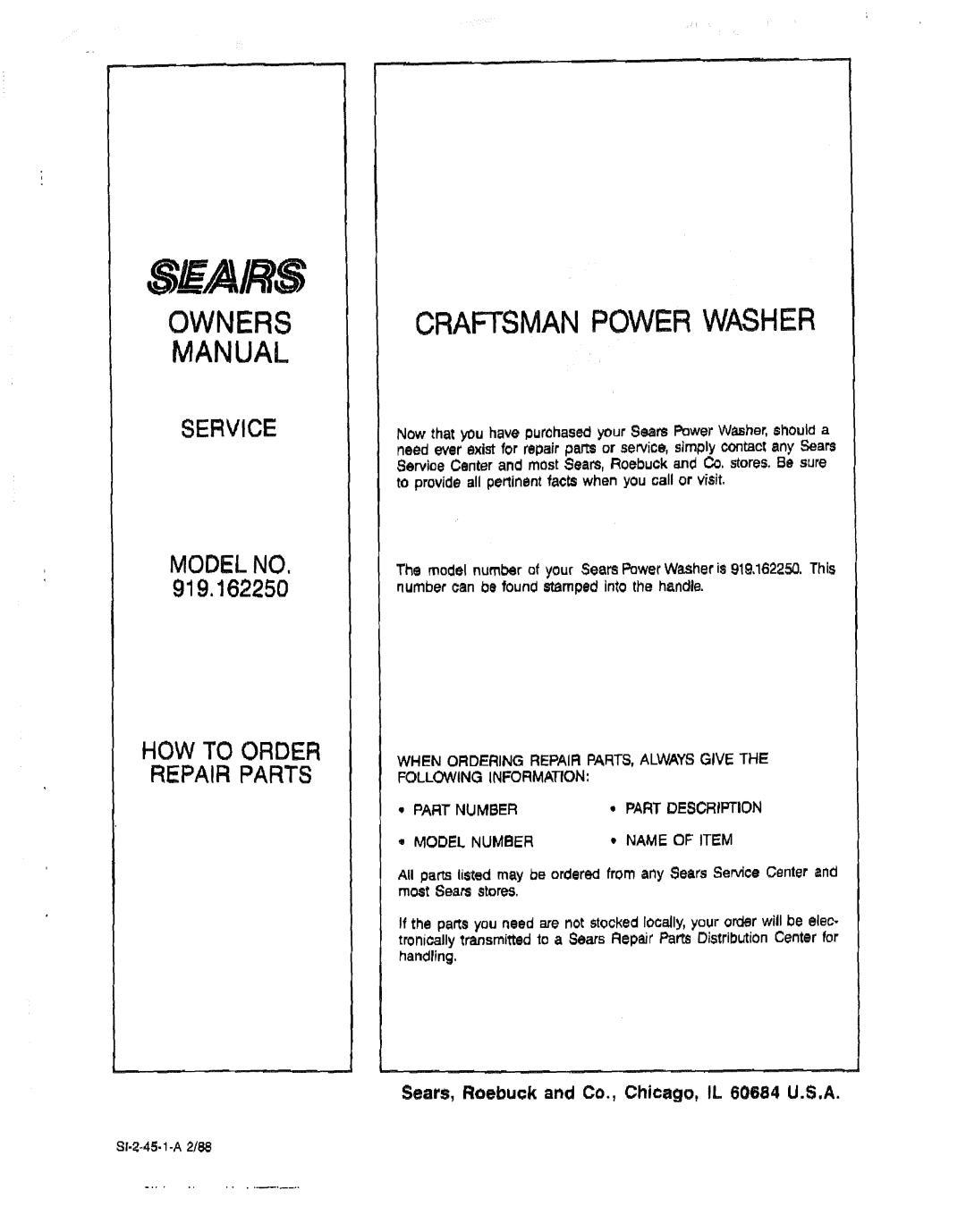 Sears 919.16225 Owners, Craftsman Power Washer, Manual, SERVICE MODEL NO, 919,162250, How To Order Repair Parts, Seairs 