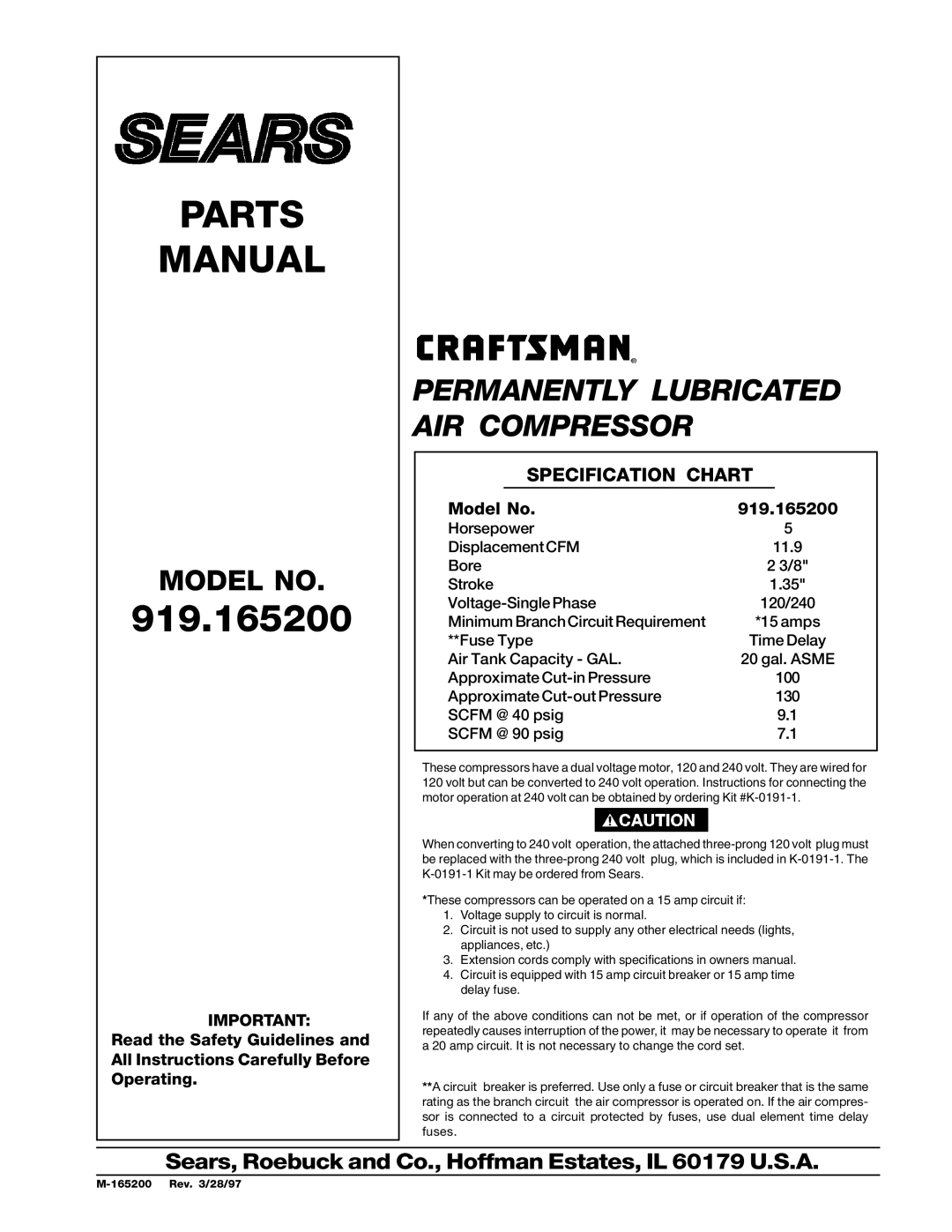 Sears 919.1652 specifications Parts Manual 