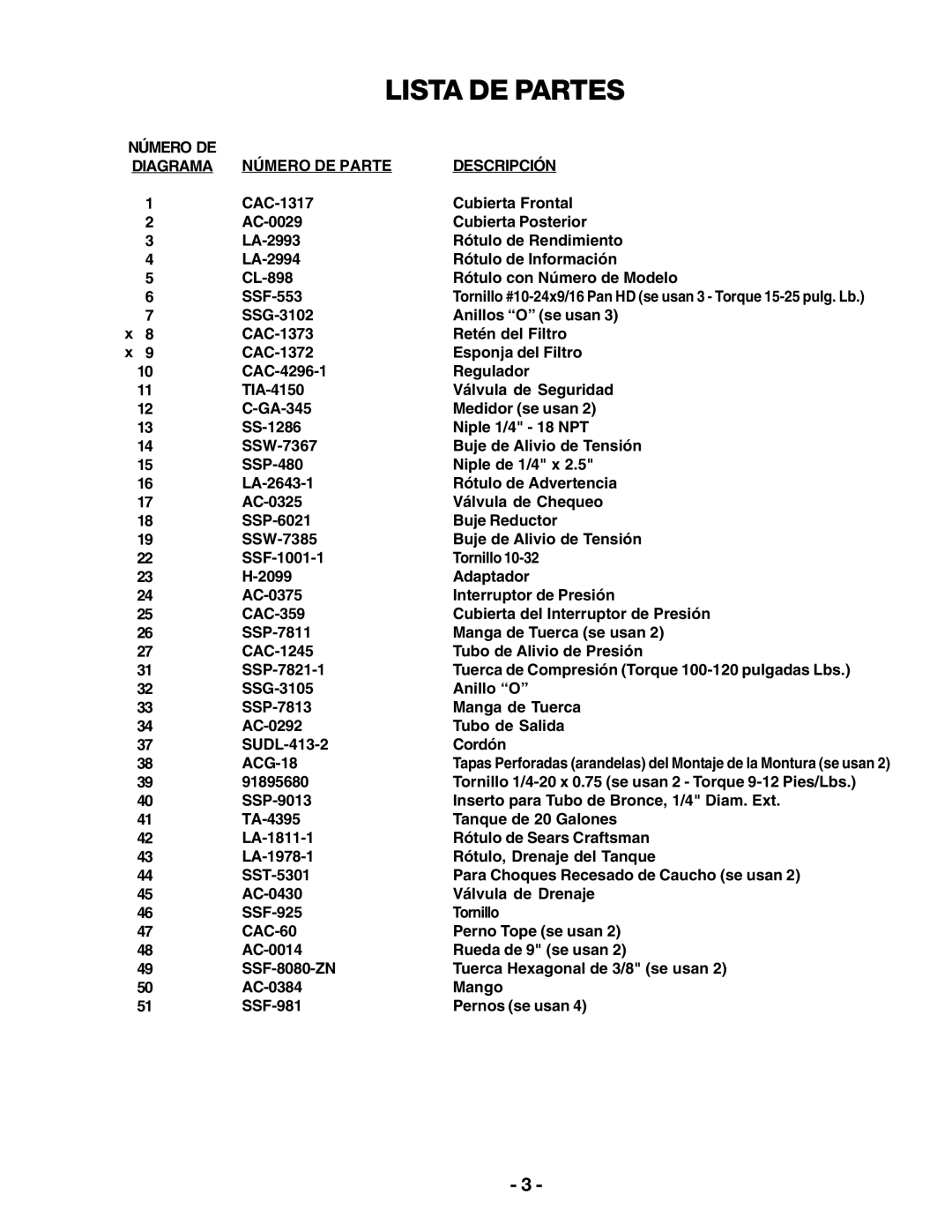 Sears 919.1652 specifications Lista DE Partes, Número DE Número DE Parte Descripción Diagrama 