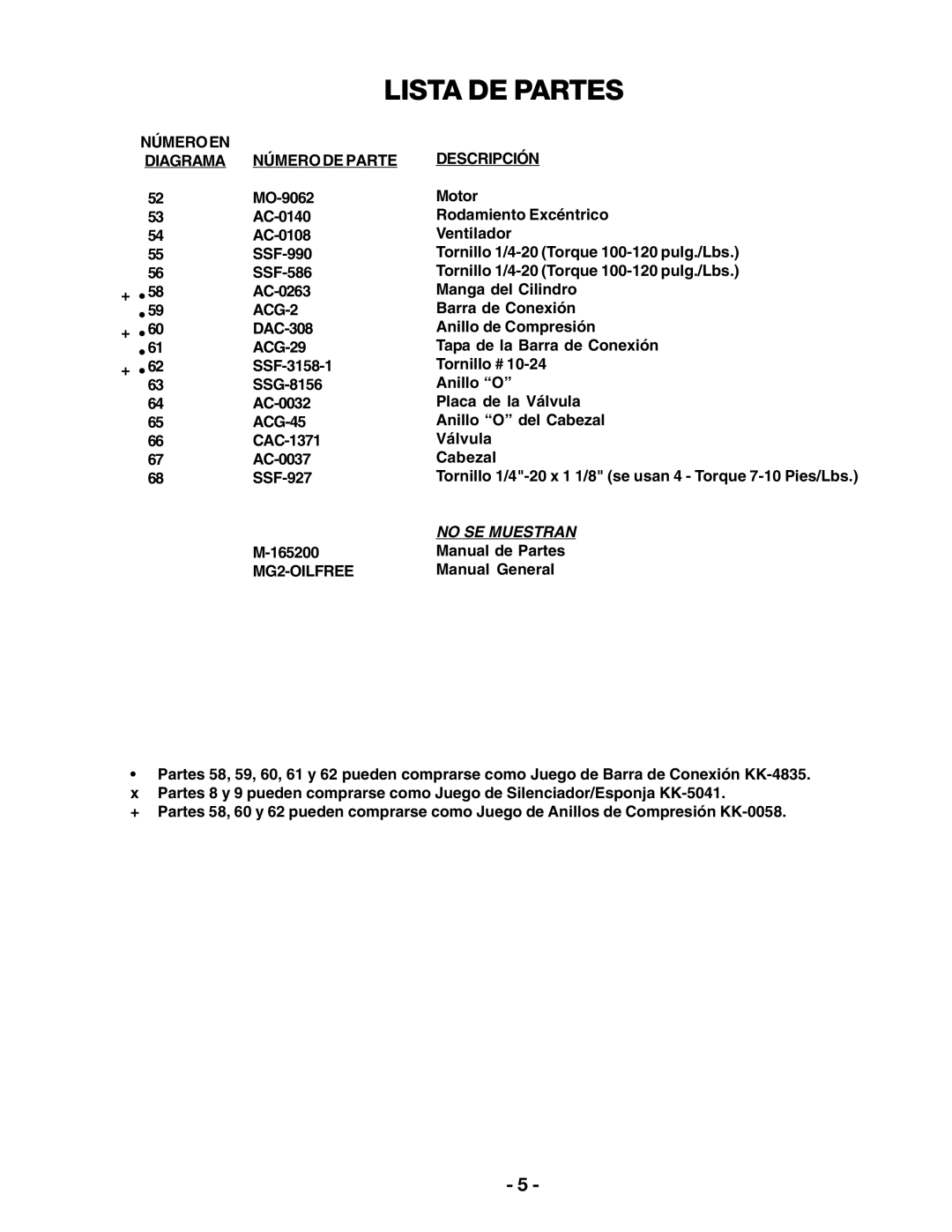 Sears 919.1652 specifications Númeroen Diagrama Número DE Parte, MG2-OILFREE Descripción 