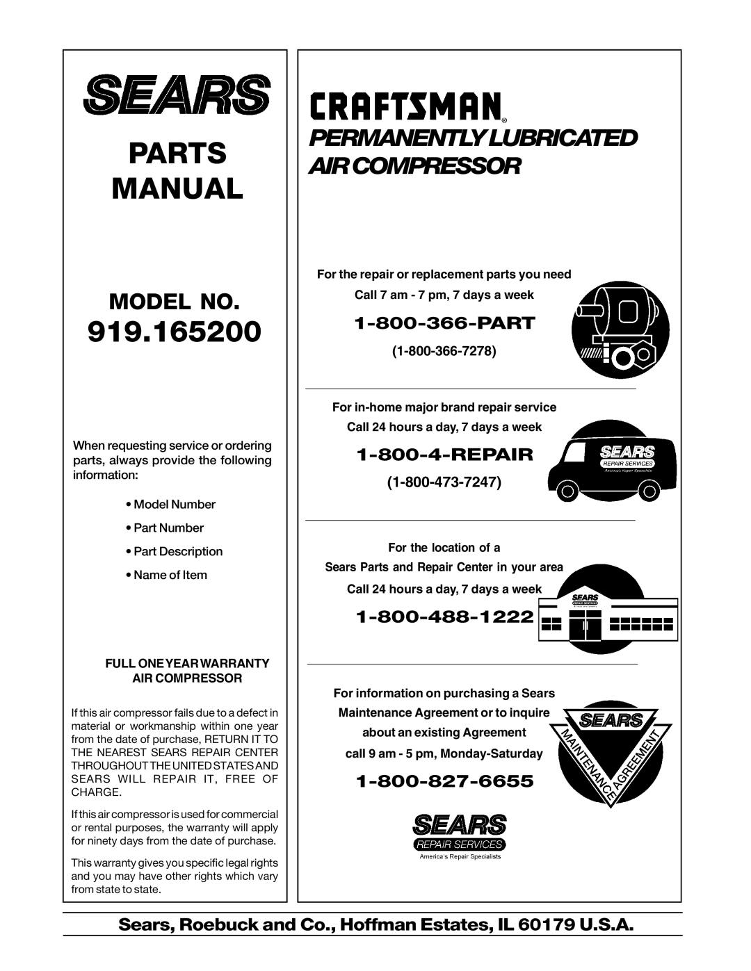 Sears 919.1652 specifications Permanentlylubricated Aircompressor, Full Oneyearwarranty AIR Compressor 