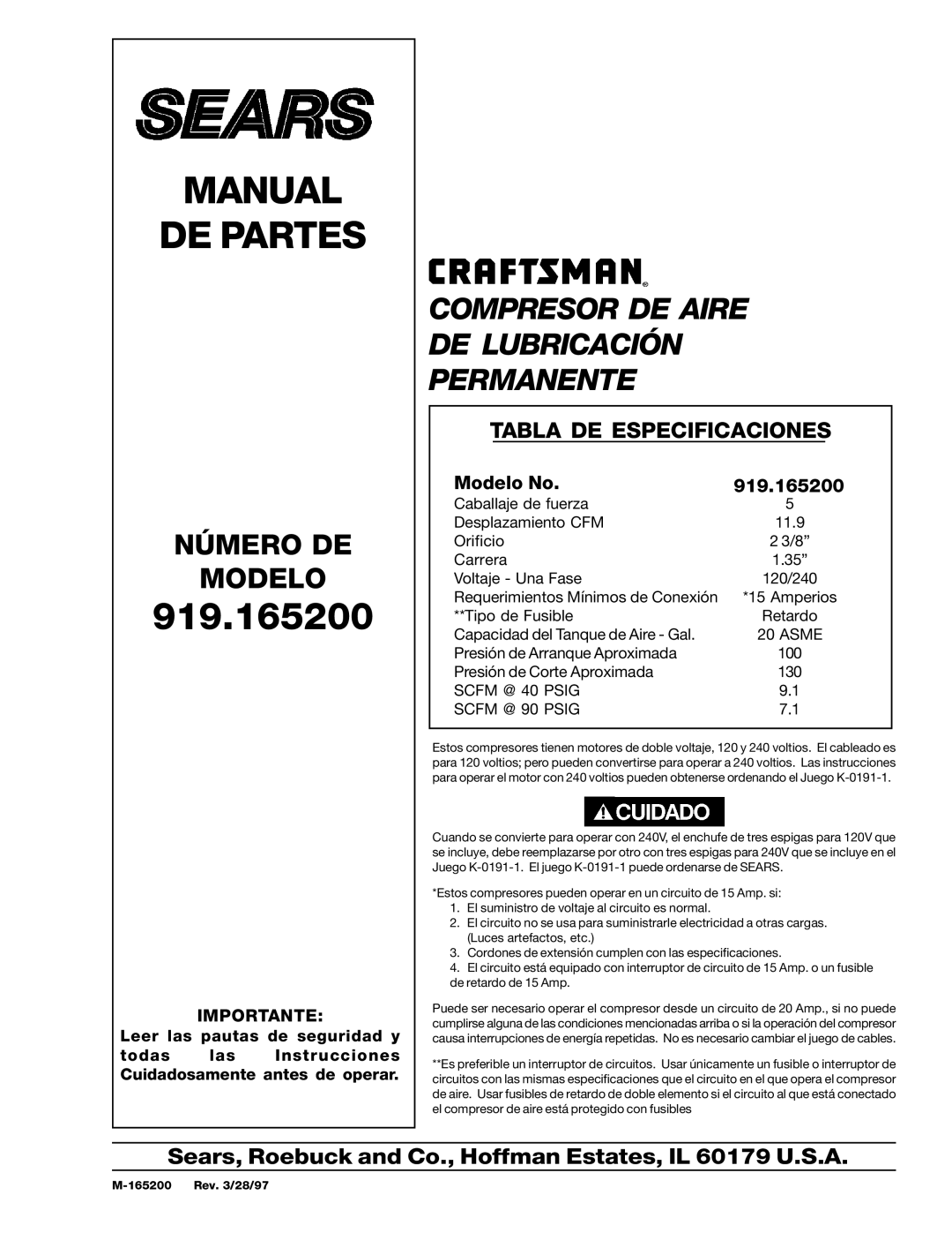 Sears 919.1652 specifications Manual DE Partes 