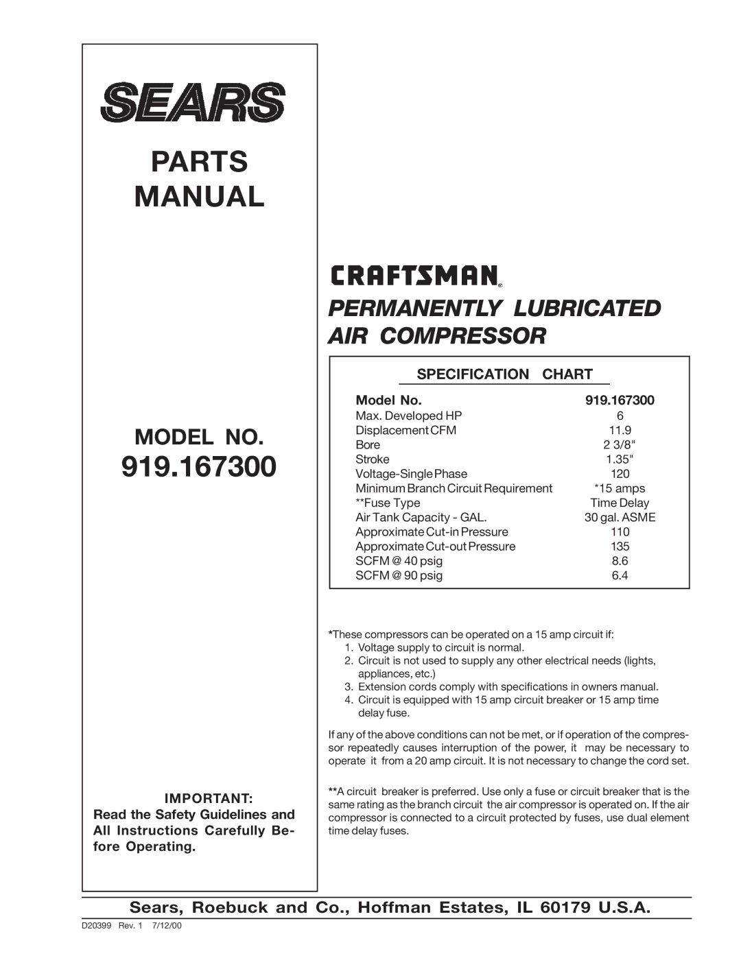 Sears 919.1673 specifications Parts Manual 