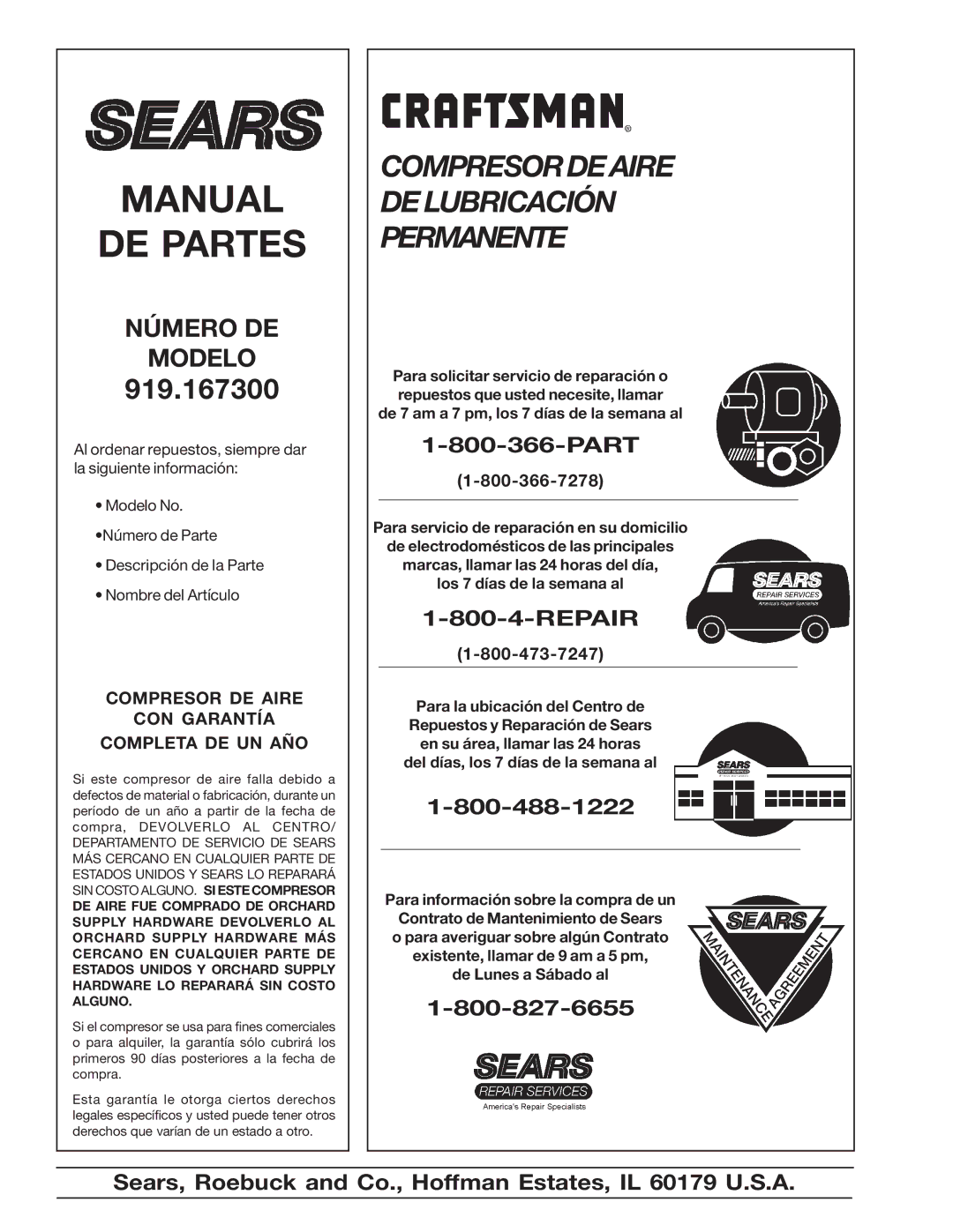 Sears 919.1673 specifications Compresordeaire Delubricación Permanente 