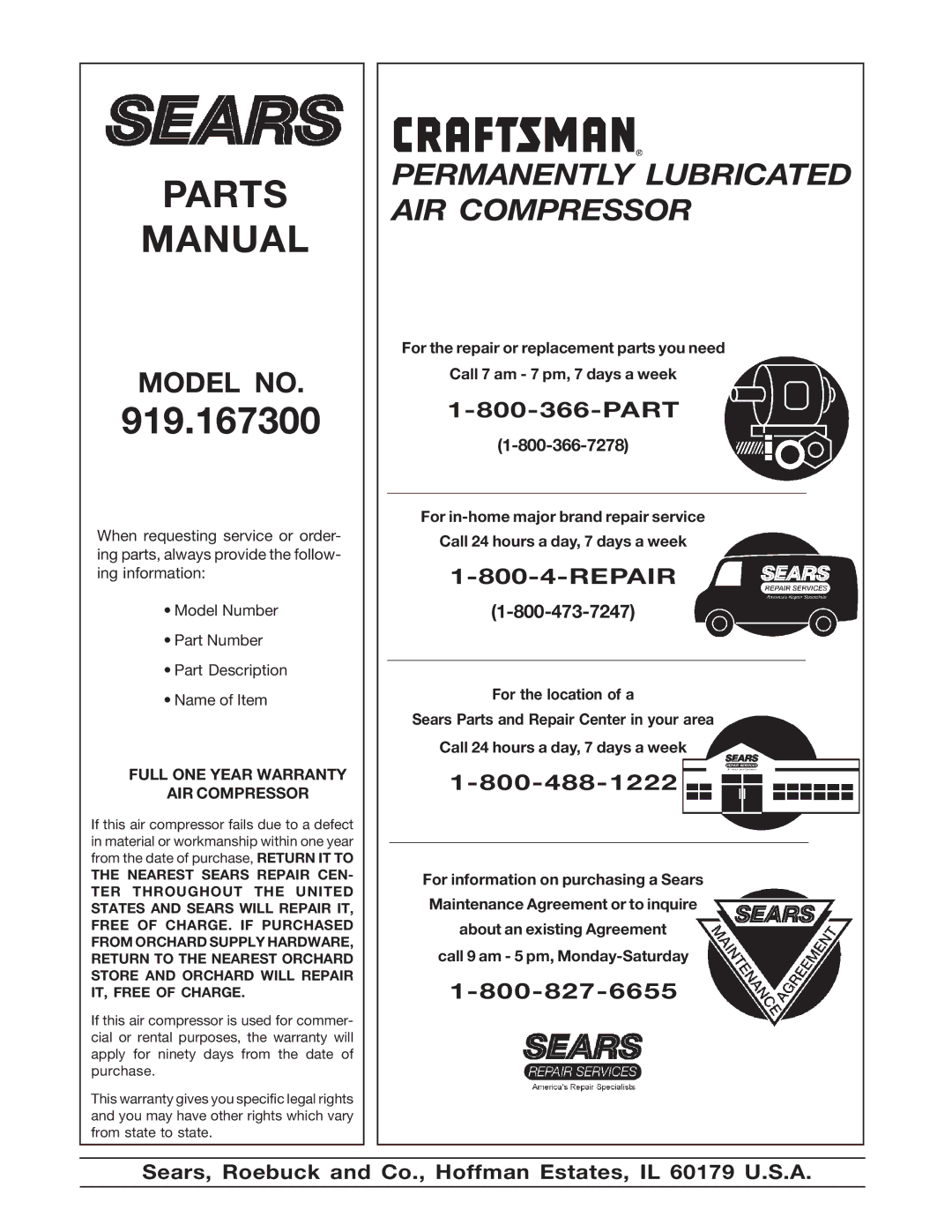 Sears 919.1673 specifications Repair, Full ONE Year Warranty AIR Compressor 