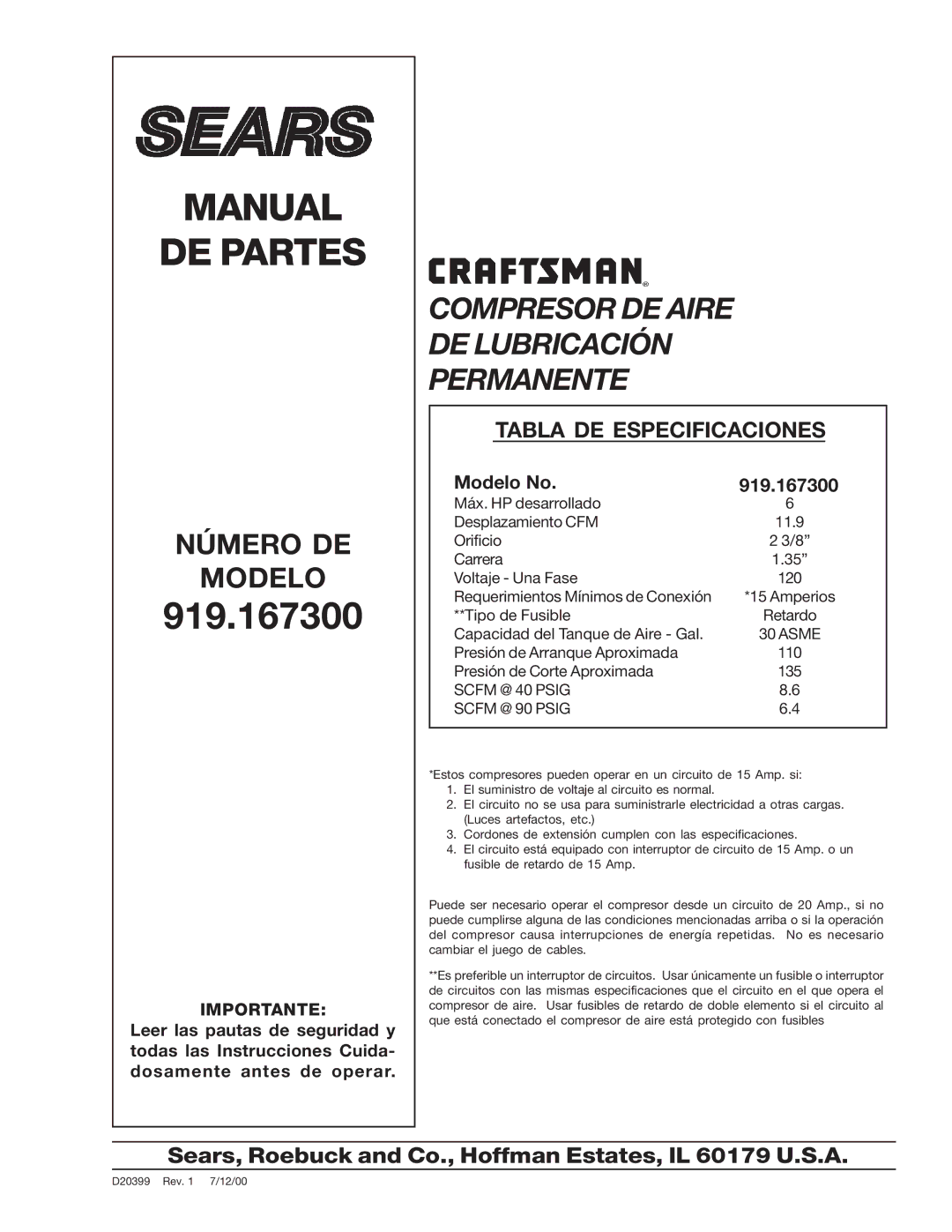 Sears 919.1673 specifications Manual DE Partes 