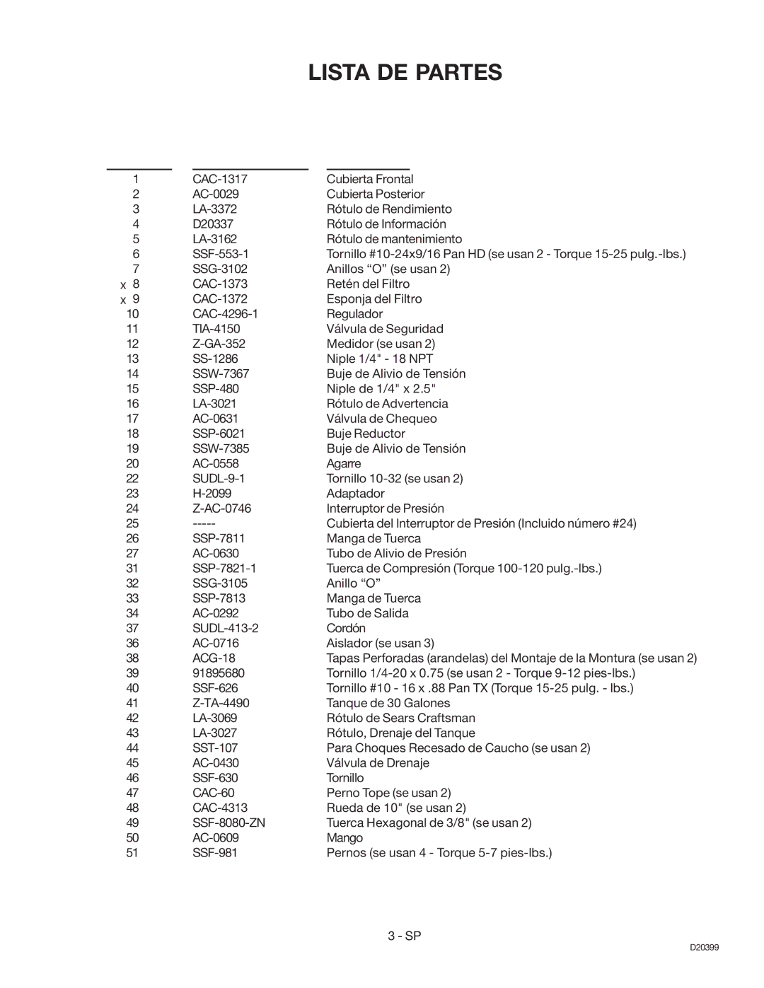 Sears 919.1673 specifications Lista DE Partes, Númeroen Diagrama Númerodeparte Descripción 