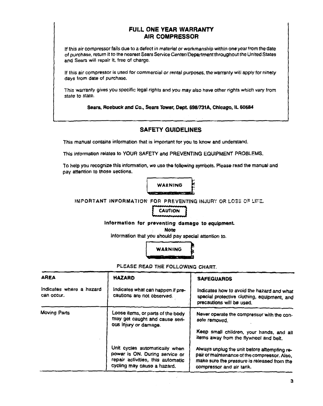 Sears 311, 176 Important Information for Preventing Injury or LO$. O=. LIT, Please Read the Following Chart Area, Hazard 