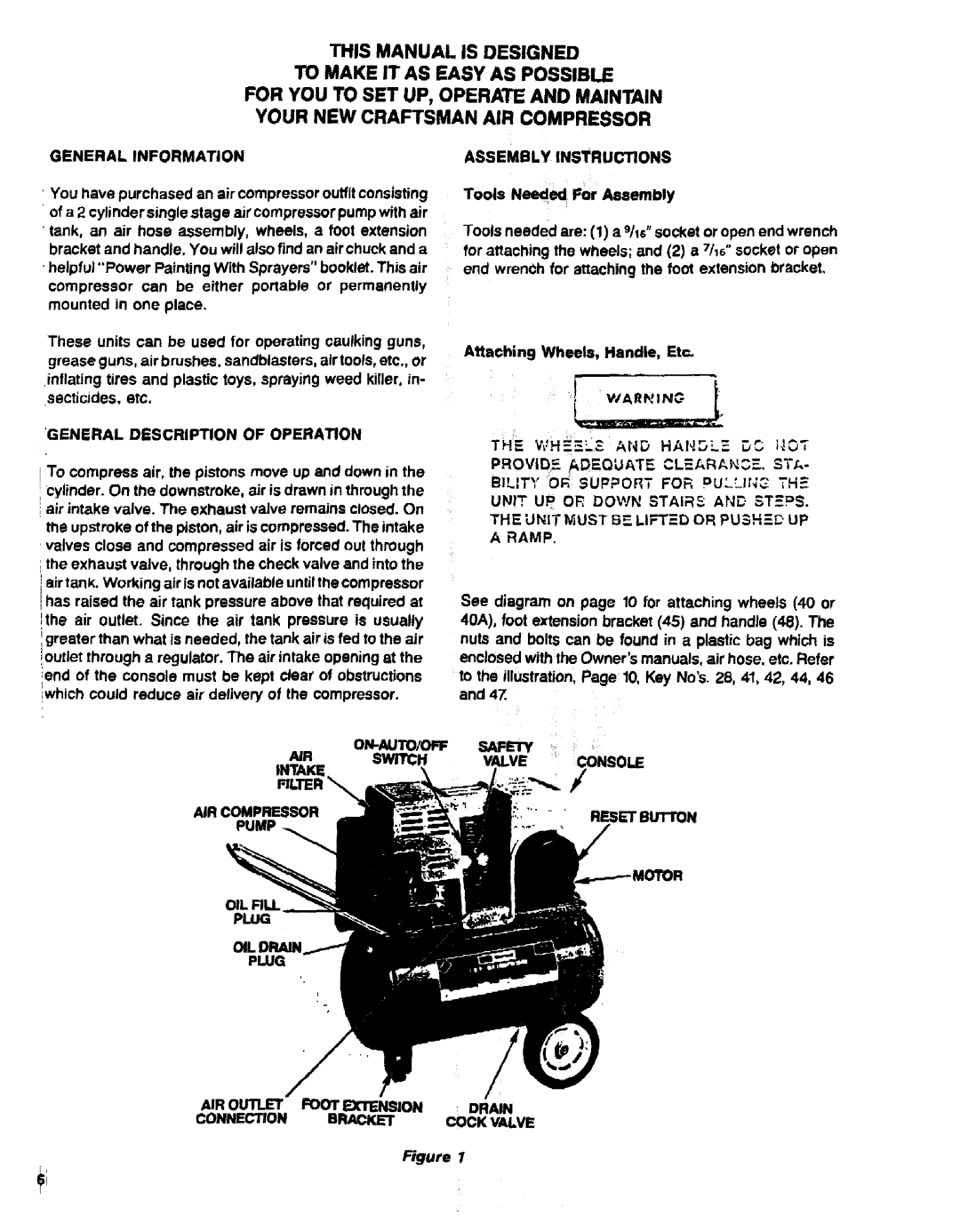 Sears 919.17633 General Information, Assemblyinstructions, General Description of Operation, Connection Bracket Cock Valve 