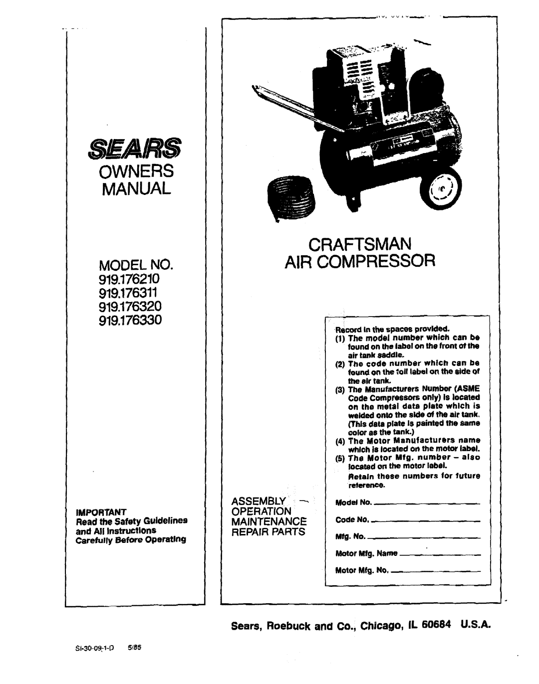 Sears 919.17633, 919.17632 owner manual Owners Manual, Craftsman Air Compressor, MODEL NO. 919.176210 919,176311, Sears 