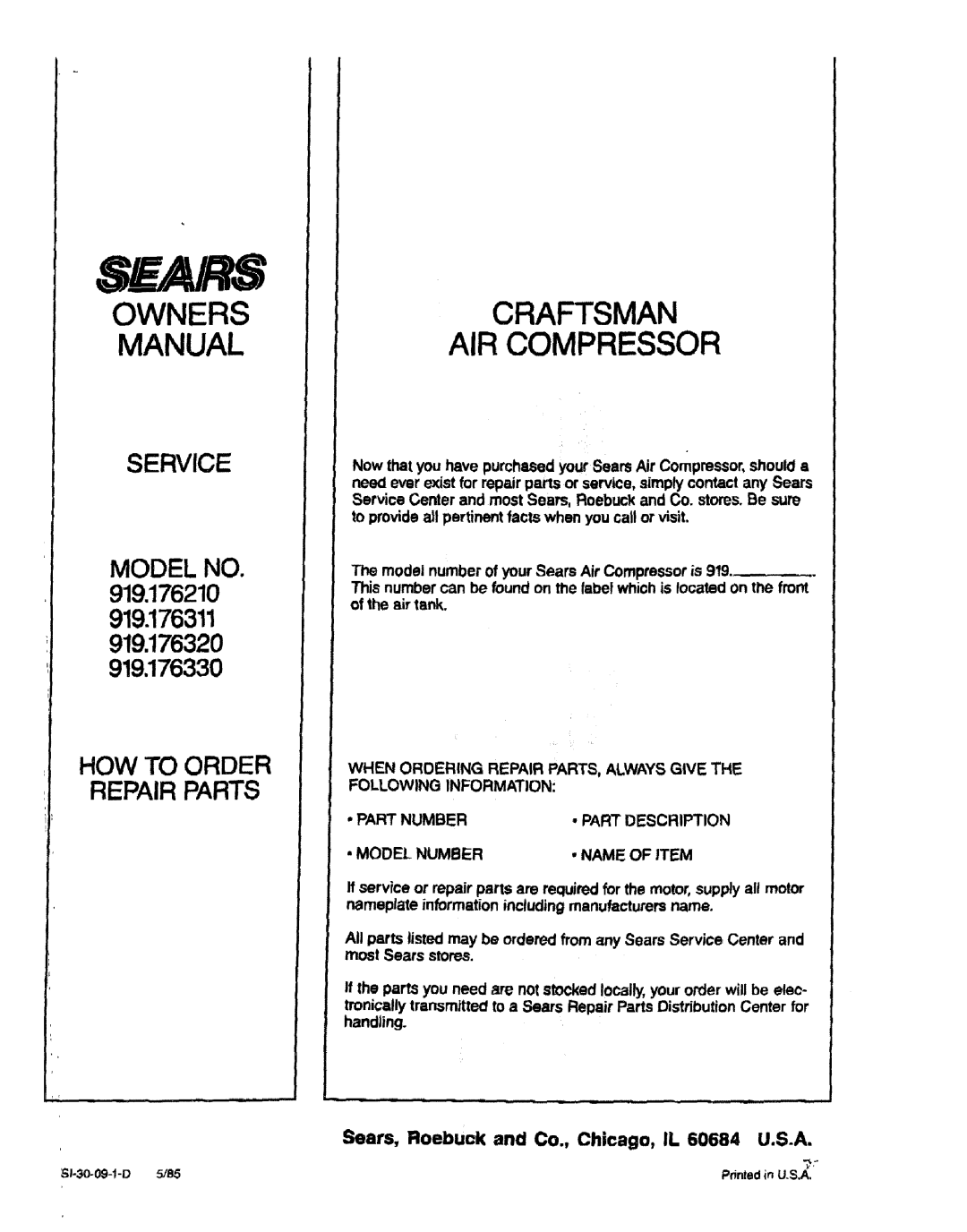 Sears 919.17633, 919.17632, 919.17621, 311 owner manual Owners, Craftsman, Manual, Air Compressor, Sears, Service 