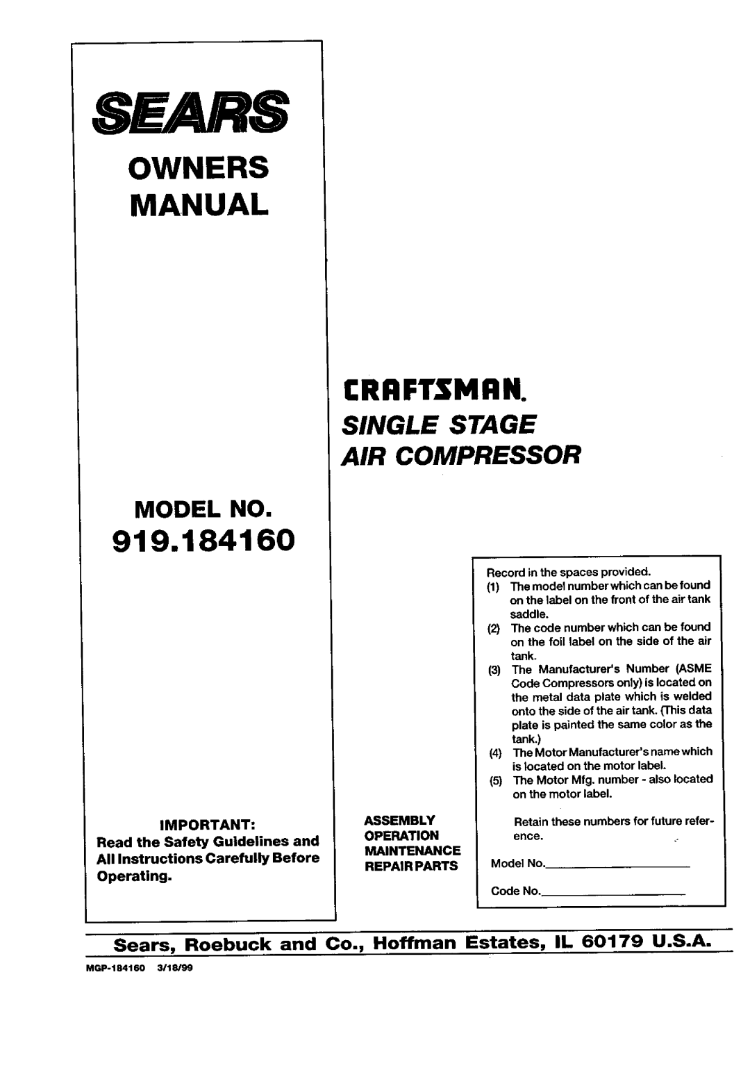 Sears 919.18416 owner manual Model no, Sears, Roebuck and Co., Hoffman Estates, IL 60179 U.S.A 