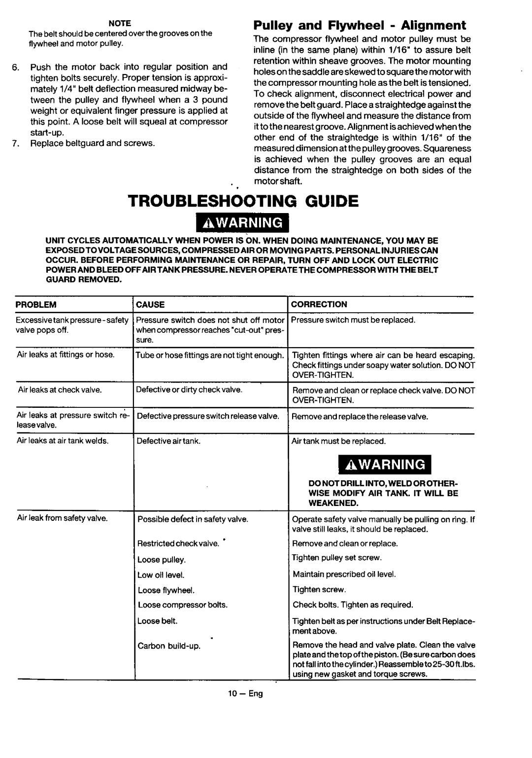 Sears 919.18416 owner manual Troubleshooting Guide, Pulley and Flywheel Alignment, Cause, Correction 