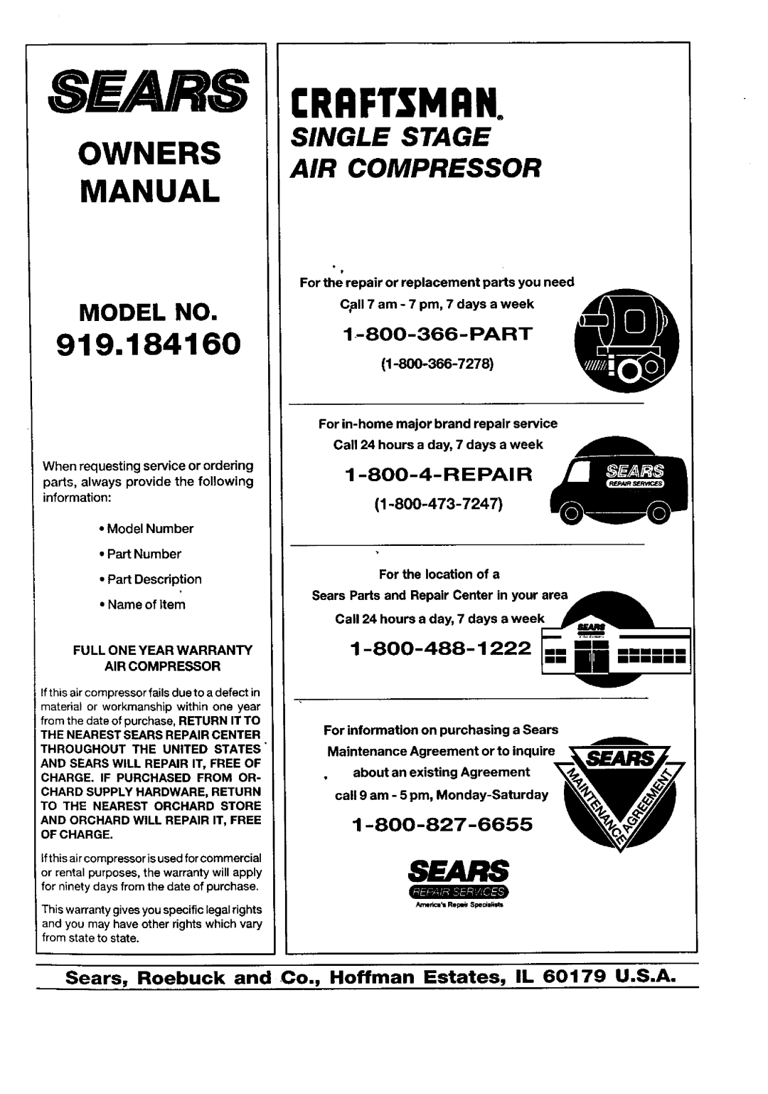 Sears 919.18416 owner manual Part, Repair, Full ONE Year Warranty AIR Compressor 